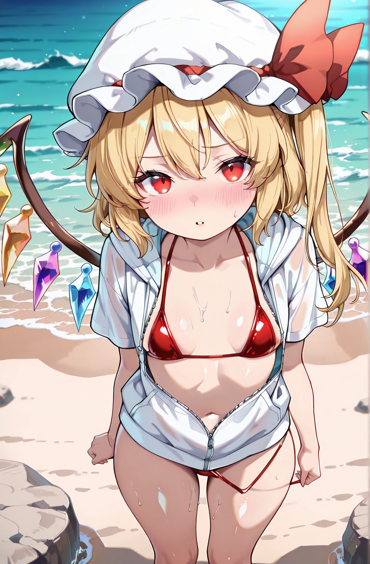 sensitive, 1girl, solo, breasts, looking_at_viewer, blush, bangs, blonde_hair, red_eyes, hat, ribbon, navel, hair_between_eyes, standing, collarbone, jacket, swimsuit, short_sleeves, bikini, thighs, small_breasts, outdoors, parted_lips, open_clothes, wings, day, shiny, water, open_jacket, red_ribbon, wet, feet_out_of_frame, ocean, white_headwear, one_side_up, beach, mob_cap, white_jacket, hat_ribbon, zipper, red_bikini, crystal, sand, zipper_pull_tab, flandre_scarlet, 赤面, 前髪, 金髪, 赤い目, 帽子, リボン, 目にかかる髪, 鎖骨, 水着, ビキニ, 小さな胸, 衣服開く, 光沢, 赤リボン, 白頭飾, 片側アップ, モブキャップ, 帽子リボン, フランドール・スカーレット