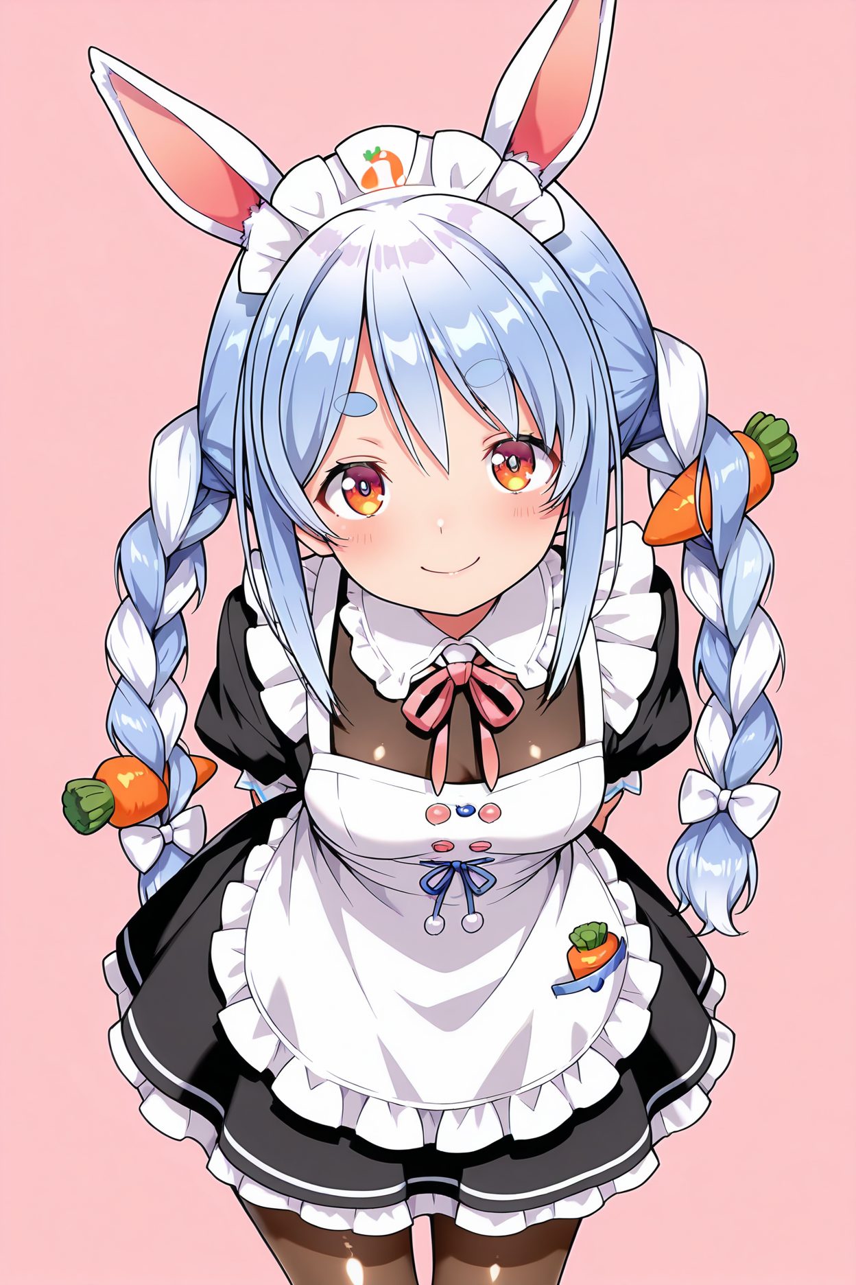 sensitive, 1girl, solo, long_hair, breasts, looking_at_viewer, blush, smile, bangs, simple_background, hair_ornament, dress, bow, ribbon, animal_ears, cleavage, twintails, medium_breasts, closed_mouth, blue_hair, braid, white_hair, short_sleeves, pantyhose, multicolored_hair, cowboy_shot, frills, alternate_costume, puffy_sleeves, virtual_youtuber, rabbit_ears, apron, black_dress, twin_braids, two-tone_hair, puffy_short_sleeves, orange_eyes, animal_ear_fluff, black_pantyhose, maid, maid_headdress, neck_ribbon, leaning_forward, arms_behind_back, pink_background, thick_eyebrows, white_apron, maid_apron, frilled_apron, brown_pantyhose, enmaided, short_eyebrows, food-themed_hair_ornament, carrot, carrot_hair_ornament, usada_pekora, 長い髪, 赤面, 笑顔, 前髪, 髪飾り, ボウ, リボン, 動物耳, ツインテール, 中くらいの胸, 口閉じ, 青髪, 白髪, パンスト, 多色髪, バーチャルYouTuber, うさ耳, ツインブレイド, 兎田ぺこら