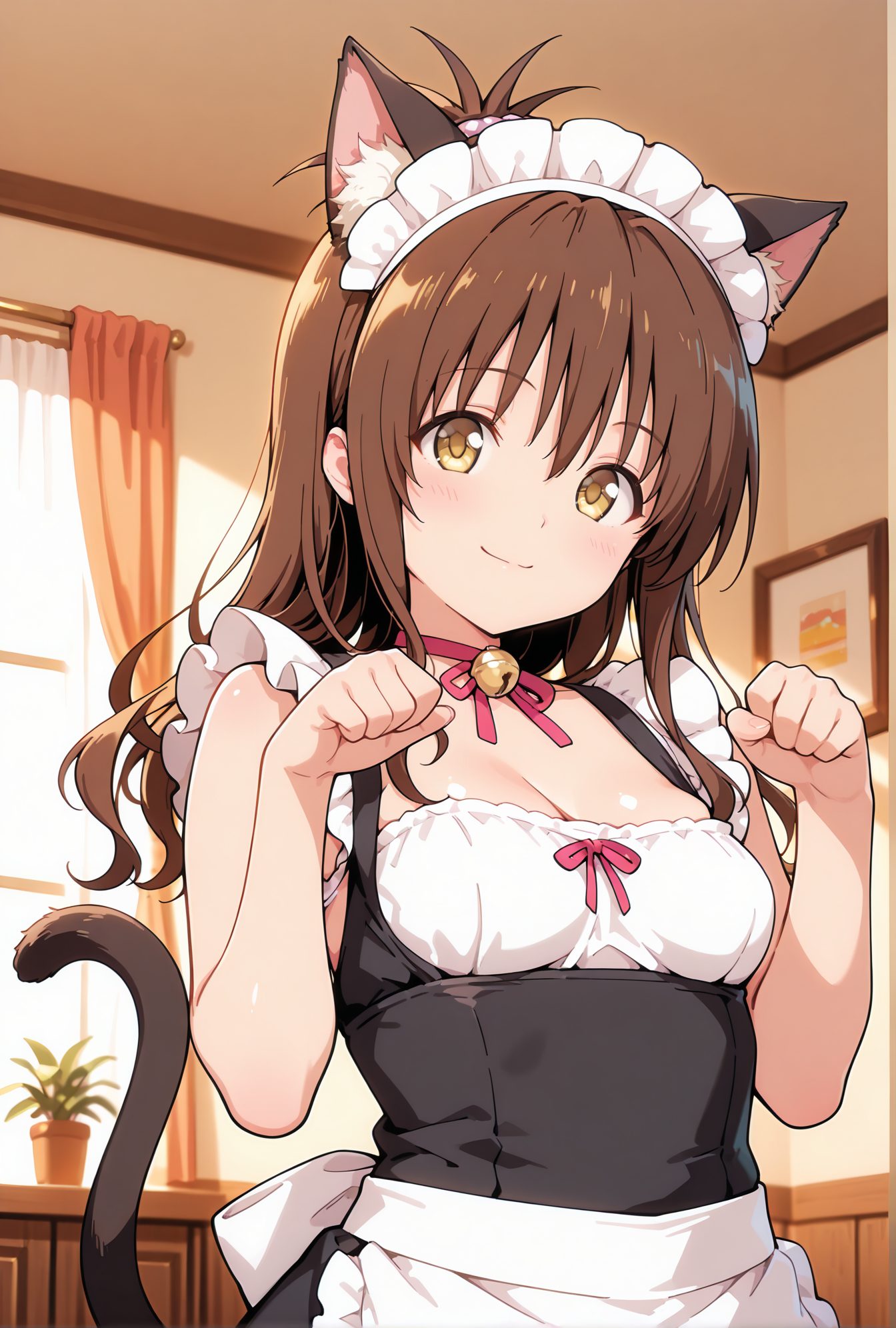 sensitive, 1girl, solo, long_hair, breasts, looking_at_viewer, blush, smile, bangs, brown_hair, dress, animal_ears, cleavage, bare_shoulders, brown_eyes, medium_breasts, closed_mouth, collarbone, tail, yellow_eyes, upper_body, frills, sleeveless, choker, indoors, cat_ears, apron, black_dress, cat_tail, animal_ear_fluff, maid, hands_up, maid_headdress, bare_arms, window, bell, sleeveless_dress, plant, cat_girl, curtains, waist_apron, white_apron, jingle_bell, neck_bell, kemonomimi_mode, paw_pose, potted_plant, yuuki_mikan, 長い髪, 赤面, 笑顔, 前髪, 茶髪, 動物耳, 肩出し, 中くらいの胸, 口閉じ, 鎖骨, チョーカー, ウエストエプロン, 結城美柑