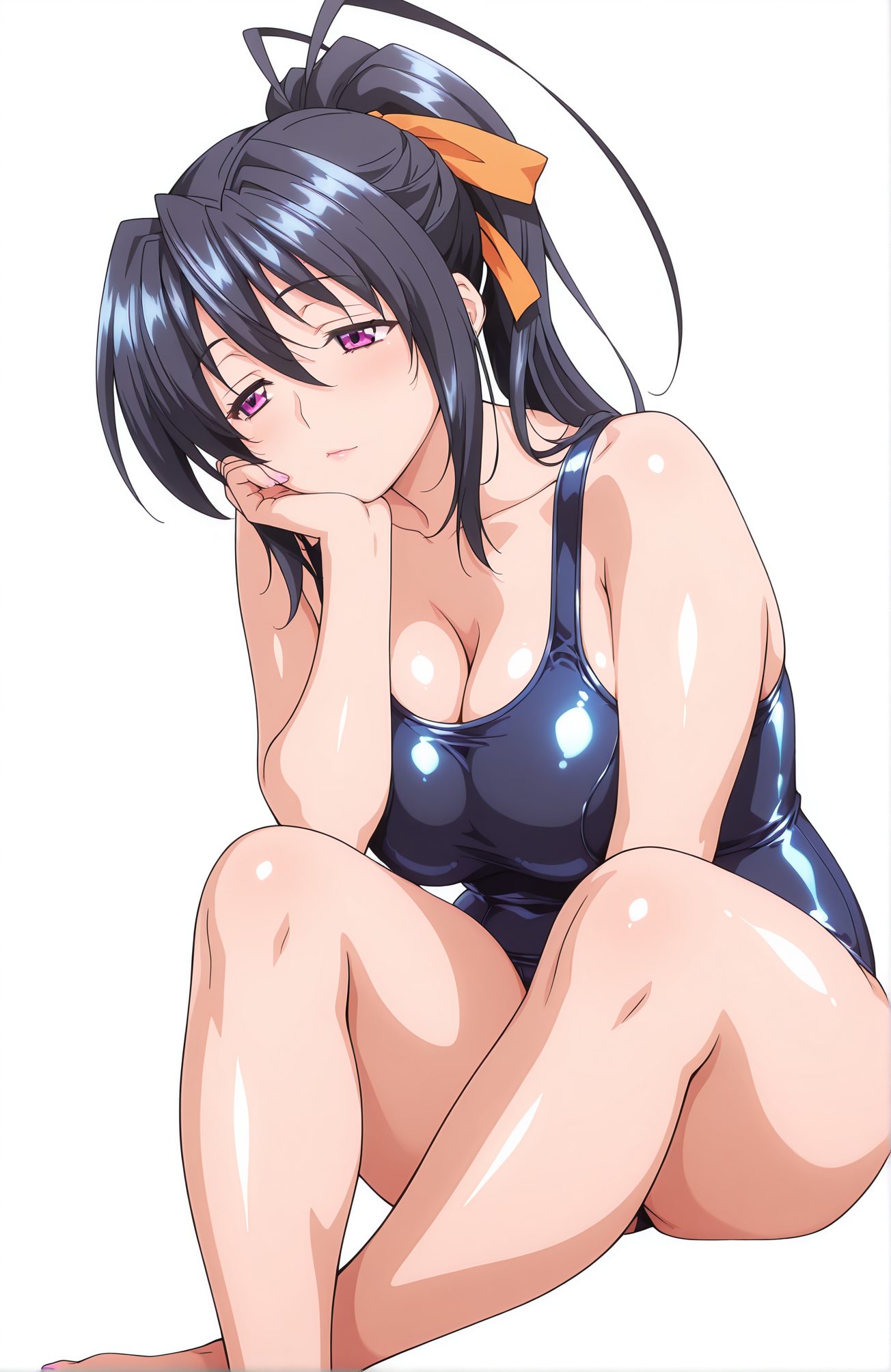 sensitive, 1girl, solo, long_hair, breasts, large_breasts, simple_background, black_hair, white_background, ribbon, cleavage, sitting, purple_eyes, collarbone, swimsuit, hair_ribbon, ponytail, barefoot, shiny, one-piece_swimsuit, shiny_skin, school_swimsuit, shiny_clothes, head_rest, blue_one-piece_swimsuit, orange_ribbon, himejima_akeno, 長い髪, 大きな胸, 黒髪, リボン, 座り, 鎖骨, 水着, 髪リボン, ポニーテール, 光沢, ワンピース水着, 光沢肌, 学校水着, 姫島朱乃