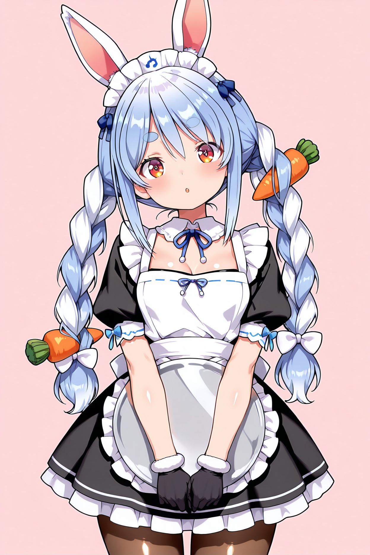 sensitive, 1girl, solo, long_hair, breasts, looking_at_viewer, blush, bangs, simple_background, hair_ornament, red_eyes, gloves, dress, bow, ribbon, holding, animal_ears, cleavage, hair_between_eyes, twintails, blue_hair, braid, white_hair, short_sleeves, hair_bow, pantyhose, multicolored_hair, cowboy_shot, small_breasts, frills, parted_lips, alternate_costume, black_gloves, puffy_sleeves, virtual_youtuber, rabbit_ears, :o, apron, black_dress, twin_braids, two-tone_hair, puffy_short_sleeves, orange_eyes, animal_ear_fluff, head_tilt, wrist_cuffs, black_pantyhose, maid, maid_headdress, pink_background, thick_eyebrows, white_bow, blue_ribbon, white_apron, tray, brown_pantyhose, enmaided, short_eyebrows, food-themed_hair_ornament, holding_tray, carrot_hair_ornament, usada_pekora, 長い髪, 赤面, 前髪, 髪飾り, 赤い目, 手袋, ボウ, リボン, 動物耳, 目にかかる髪, ツインテール, 青髪, 白髪, 髪ボウ, パンスト, 多色髪, 小さな胸, 黒手袋, バーチャルYouTuber, うさ耳, ツインブレイド, 兎田ぺこら, 兎田ぺこら_posted