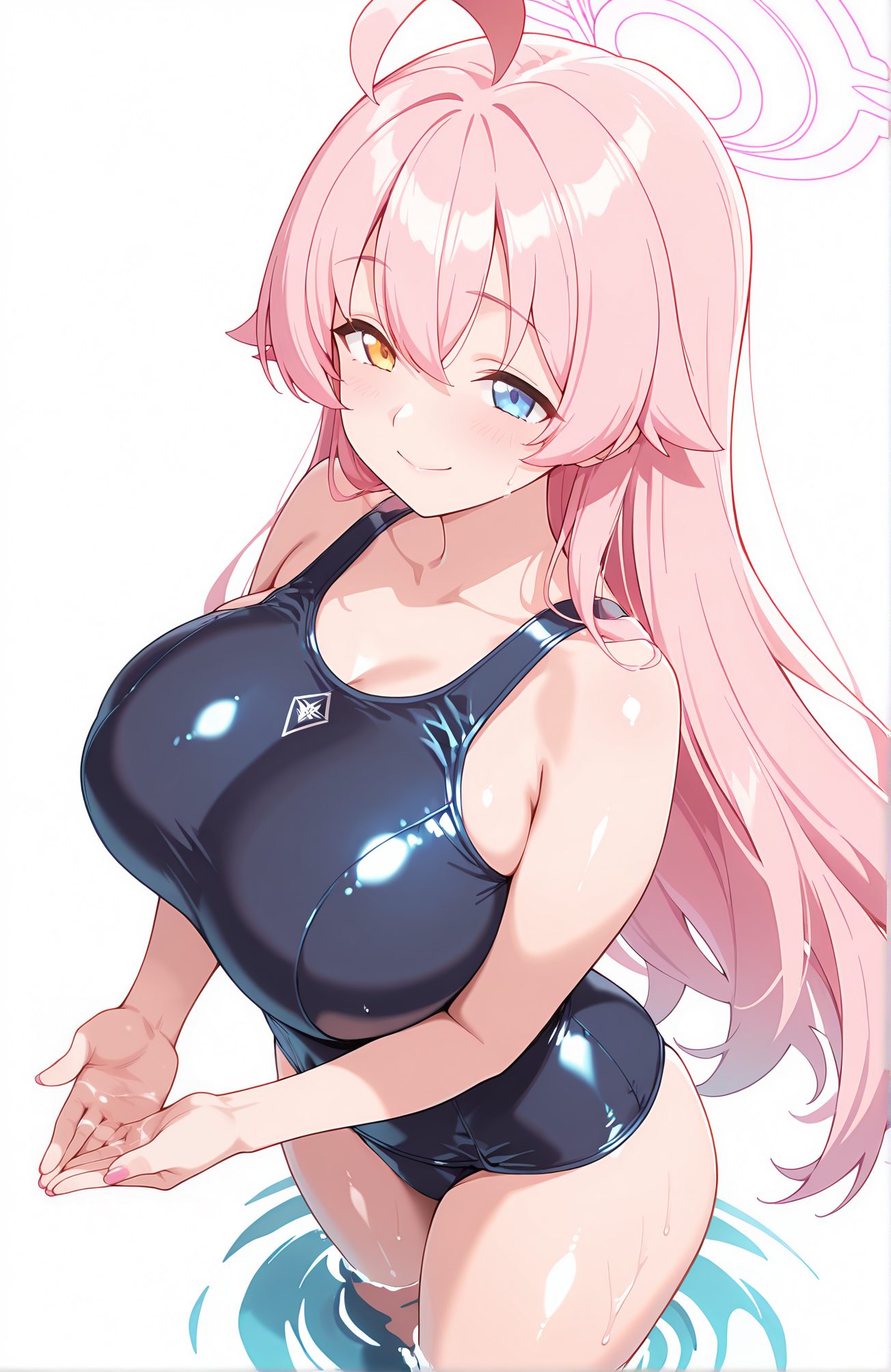sensitive, 1girl, solo, long_hair, breasts, looking_at_viewer, blush, smile, bangs, blue_eyes, large_breasts, simple_background, white_background, cleavage, hair_between_eyes, bare_shoulders, very_long_hair, closed_mouth, collarbone, swimsuit, yellow_eyes, pink_hair, ahoge, thighs, shiny, water, wet, one-piece_swimsuit, heterochromia, halo, own_hands_together, wading, shiny_clothes, blue_one-piece_swimsuit, hoshino_(blue_archive), 長い髪, 赤面, 笑顔, 前髪, 青い目, 大きな胸, 目にかかる髪, 肩出し, とても長い髪, 口閉じ, 鎖骨, 水着, ピンク髪, アホ毛, 光沢, ワンピース水着, ホシノ（ブルーアーカイブ）, ok