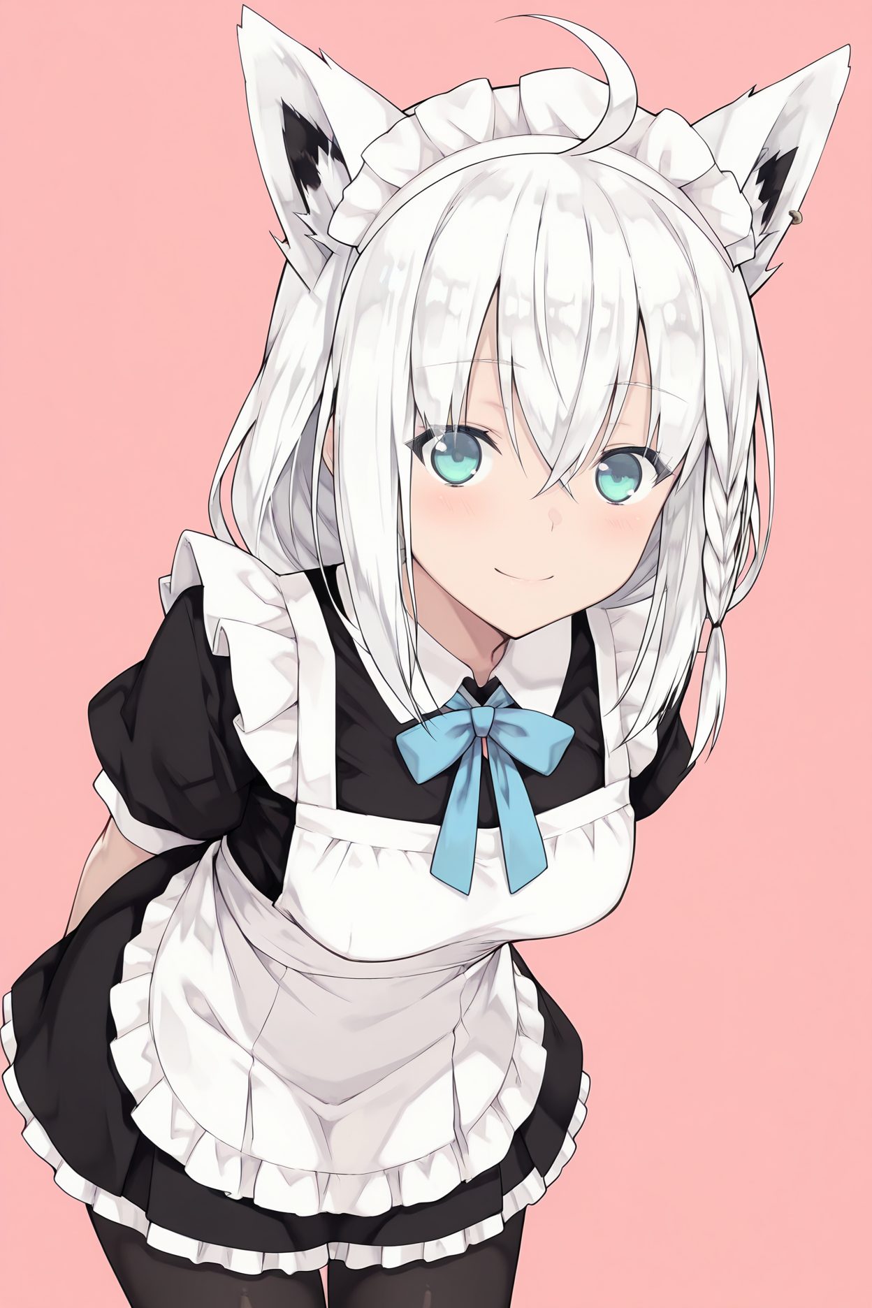 sensitive, 1girl, solo, long_hair, breasts, looking_at_viewer, blush, smile, bangs, simple_background, dress, bow, animal_ears, hair_between_eyes, medium_breasts, closed_mouth, green_eyes, braid, ahoge, white_hair, short_sleeves, pantyhose, sidelocks, cowboy_shot, earrings, frills, alternate_costume, puffy_sleeves, virtual_youtuber, bowtie, apron, black_dress, aqua_eyes, puffy_short_sleeves, animal_ear_fluff, black_pantyhose, maid, maid_headdress, fox_ears, leaning_forward, blue_bow, arms_behind_back, pink_background, fox_girl, ear_piercing, white_apron, maid_apron, frilled_apron, enmaided, shirakami_fubuki, 長い髪, 赤面, 笑顔, 前髪, ボウ, 動物耳, 目にかかる髪, 中くらいの胸, 口閉じ, 緑の目, アホ毛, 白髪, パンスト, サイドロック, イヤリング, バーチャルYouTuber, 白上フブキ