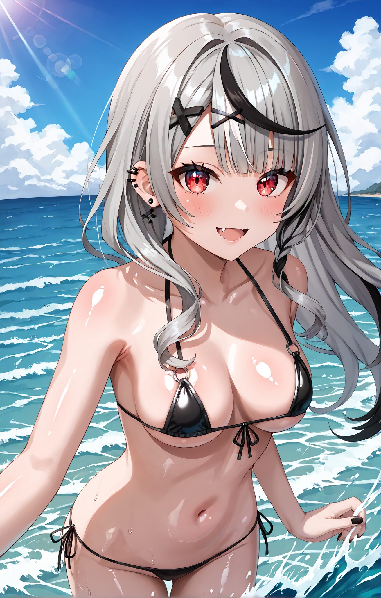sensitive, 1girl, solo, long_hair, breasts, looking_at_viewer, blush, smile, open_mouth, bangs, large_breasts, black_hair, hair_ornament, red_eyes, navel, cleavage, bare_shoulders, jewelry, medium_breasts, collarbone, swimsuit, braid, :d, grey_hair, bikini, multicolored_hair, cowboy_shot, earrings, outdoors, sky, day, fang, shiny, cloud, virtual_youtuber, water, stomach, nail_polish, blue_sky, streaked_hair, wet, shiny_skin, black_bikini, side-tie_bikini_bottom, ocean, halterneck, thigh_gap, piercing, x_hair_ornament, ear_piercing, front-tie_top, string_bikini, wading, o-ring, sakamata_chloe, 長い髪, 赤面, 笑顔, 口開き, 前髪, 大きな胸, 黒髪, 髪飾り, 赤い目, 肩出し, ジュエリー, 中くらいの胸, 鎖骨, 水着, 灰髪, ビキニ, 多色髪, イヤリング, 光沢, バーチャルYouTuber, 光沢肌, フロントタイトップ, ストリングビキニ, 沙花叉クロヱ