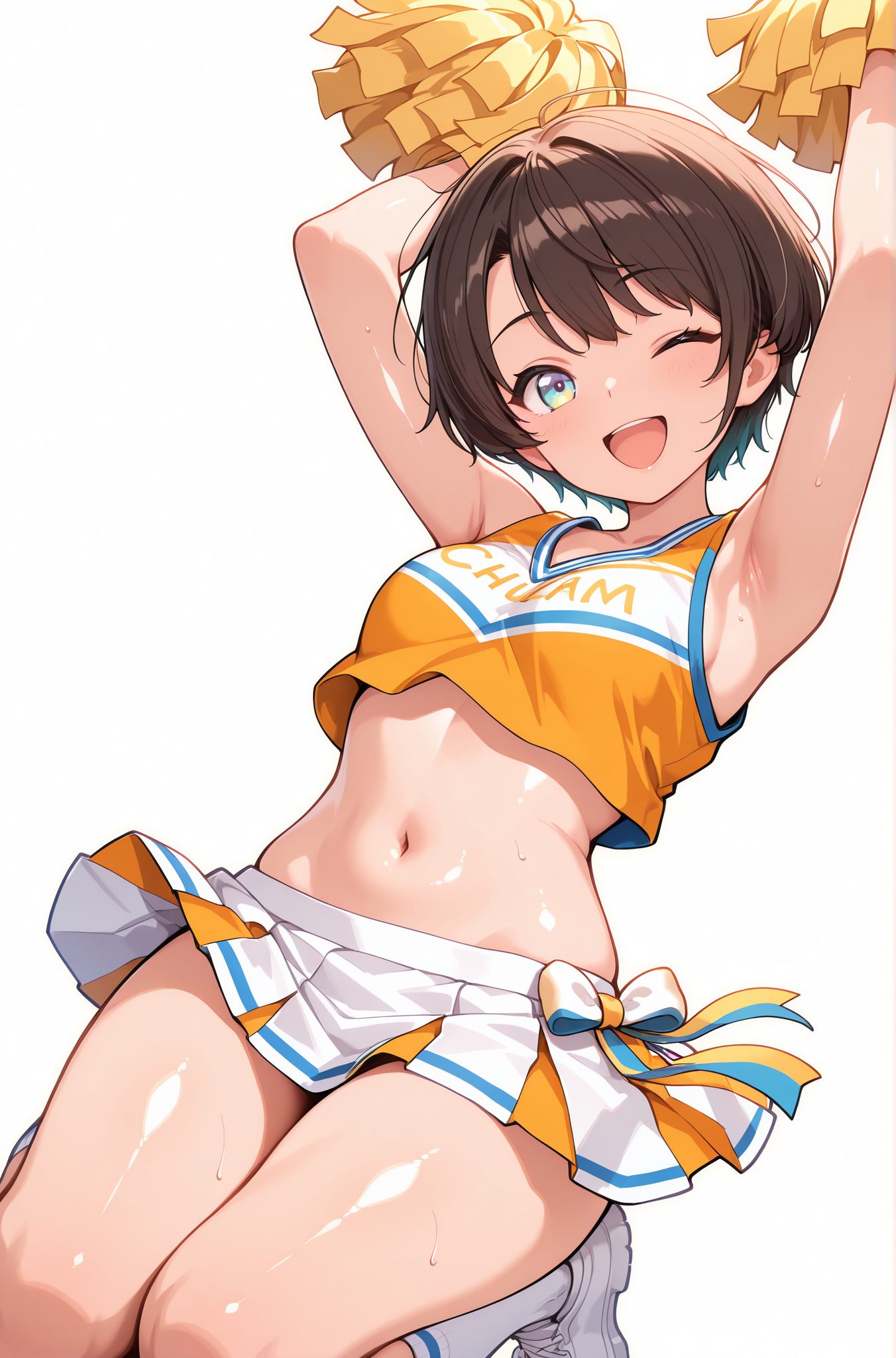sensitive, 1girl, solo, breasts, looking_at_viewer, blush, smile, short_hair, open_mouth, bangs, blue_eyes, skirt, simple_background, brown_hair, shirt, white_background, navel, medium_breasts, thighs, sweat, pleated_skirt, one_eye_closed, shoes, sleeveless, alternate_costume, socks, midriff, shiny, virtual_youtuber, miniskirt, armpits, stomach, arms_up, crop_top, shiny_skin, sleeveless_shirt, swept_bangs, white_footwear, ;d, sneakers, jumping, cheerleader, pom_pom_(cheerleading), crop_top_overhang, oozora_subaru, 赤面, 笑顔, 短い髪, 口開き, 前髪, 青い目, スカート, 茶髪, シャツ, 中くらいの胸, 汗, 靴, ソックス, 光沢, バーチャルYouTuber, ミニスカート, クロップトップ, 光沢肌, 大空スバル