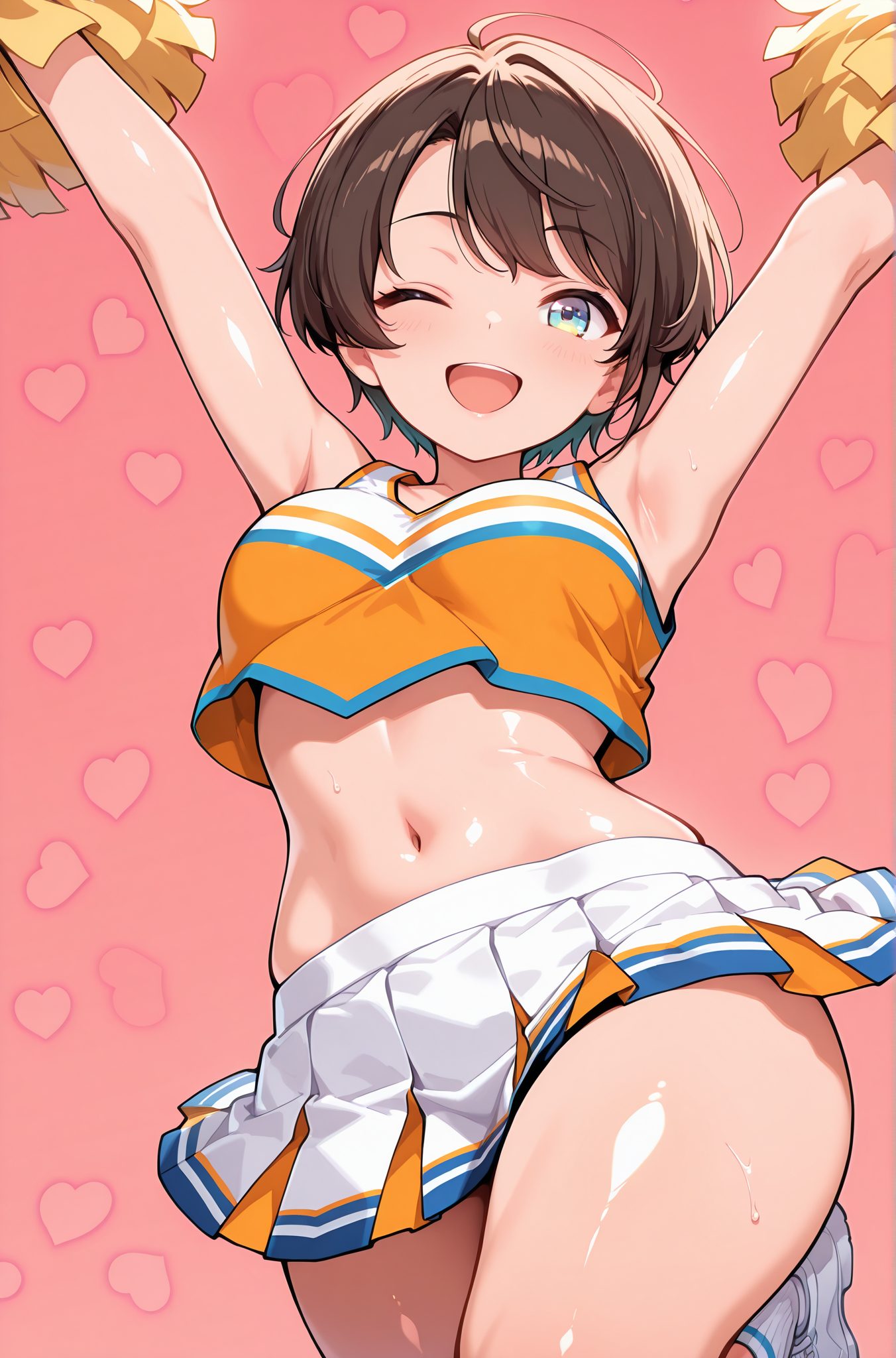 sensitive, 1girl, solo, breasts, looking_at_viewer, blush, smile, short_hair, open_mouth, bangs, blue_eyes, skirt, brown_hair, shirt, navel, medium_breasts, heart, thighs, sweat, pleated_skirt, one_eye_closed, shoes, sleeveless, alternate_costume, socks, midriff, shiny, virtual_youtuber, miniskirt, armpits, stomach, arms_up, crop_top, shiny_skin, swept_bangs, pink_background, white_footwear, white_skirt, ;d, sneakers, cheerleader, pom_pom_(cheerleading), crop_top_overhang, oozora_subaru, 赤面, 笑顔, 短い髪, 口開き, 前髪, 青い目, スカート, 茶髪, シャツ, 中くらいの胸, 汗, 靴, ソックス, 光沢, バーチャルYouTuber, ミニスカート, クロップトップ, 光沢肌, 大空スバル, 大空スバル_posted