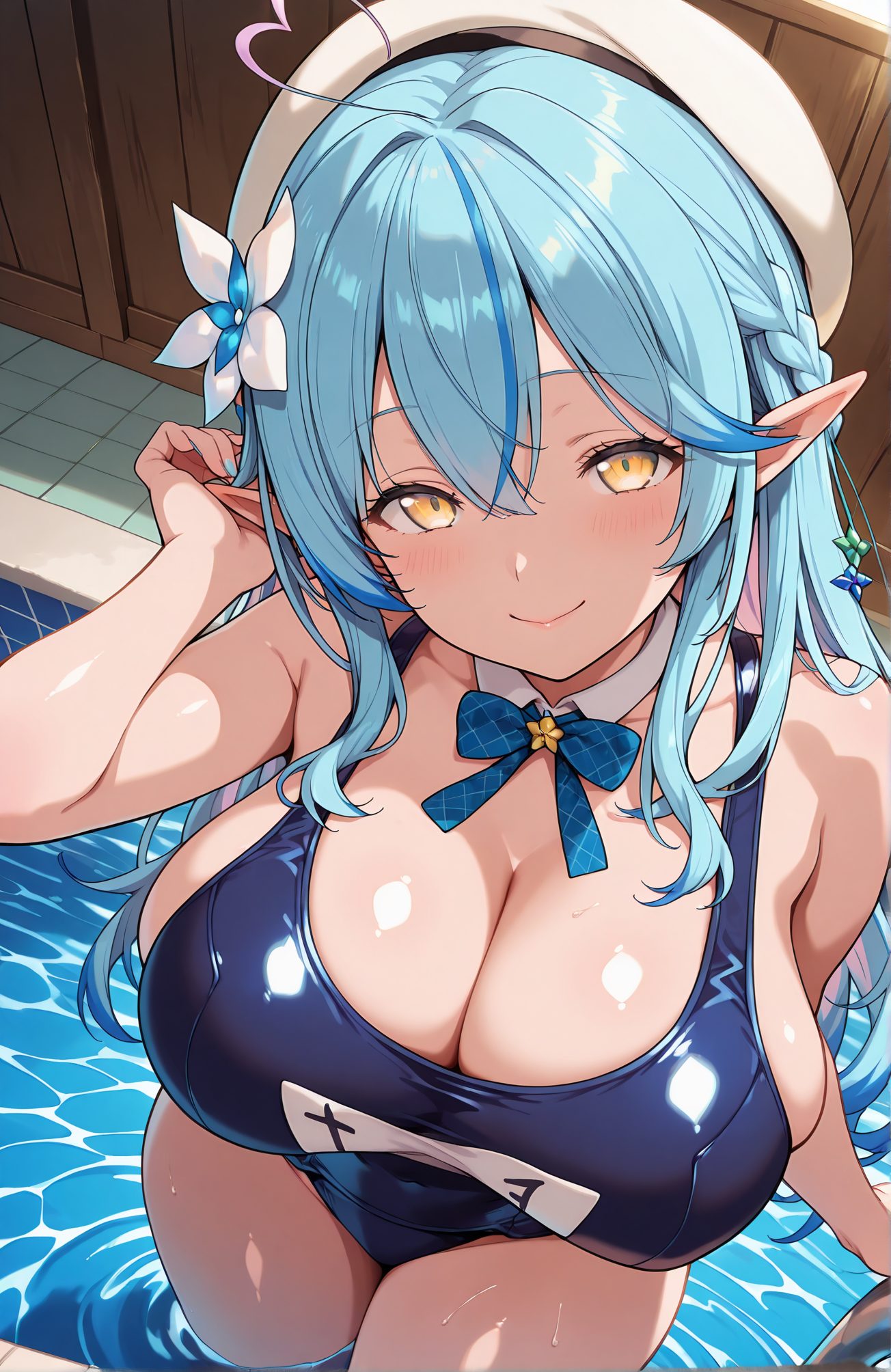 sensitive, 1girl, solo, long_hair, breasts, looking_at_viewer, blush, smile, bangs, large_breasts, hair_ornament, hat, bow, cleavage, hair_between_eyes, bare_shoulders, closed_mouth, blue_hair, swimsuit, yellow_eyes, braid, flower, ahoge, heart, multicolored_hair, pointy_ears, shiny, virtual_youtuber, hair_flower, bowtie, water, streaked_hair, wet, one-piece_swimsuit, shiny_skin, skindentation, detached_collar, beret, white_headwear, blue_bow, school_swimsuit, elf, wading, blue_one-piece_swimsuit, pool, colored_tips, heart_ahoge, pool_ladder, yukihana_lamy, 長い髪, 赤面, 笑顔, 前髪, 大きな胸, 髪飾り, 帽子, ボウ, 目にかかる髪, 肩出し, 口閉じ, 青髪, 水着, アホ毛, 多色髪, 光沢, バーチャルYouTuber, 髪の花, ワンピース水着, 光沢肌, ベレー帽, 白頭飾, 学校水着, 雪花ラミィ, Posted, 雪花ラミィ_posted