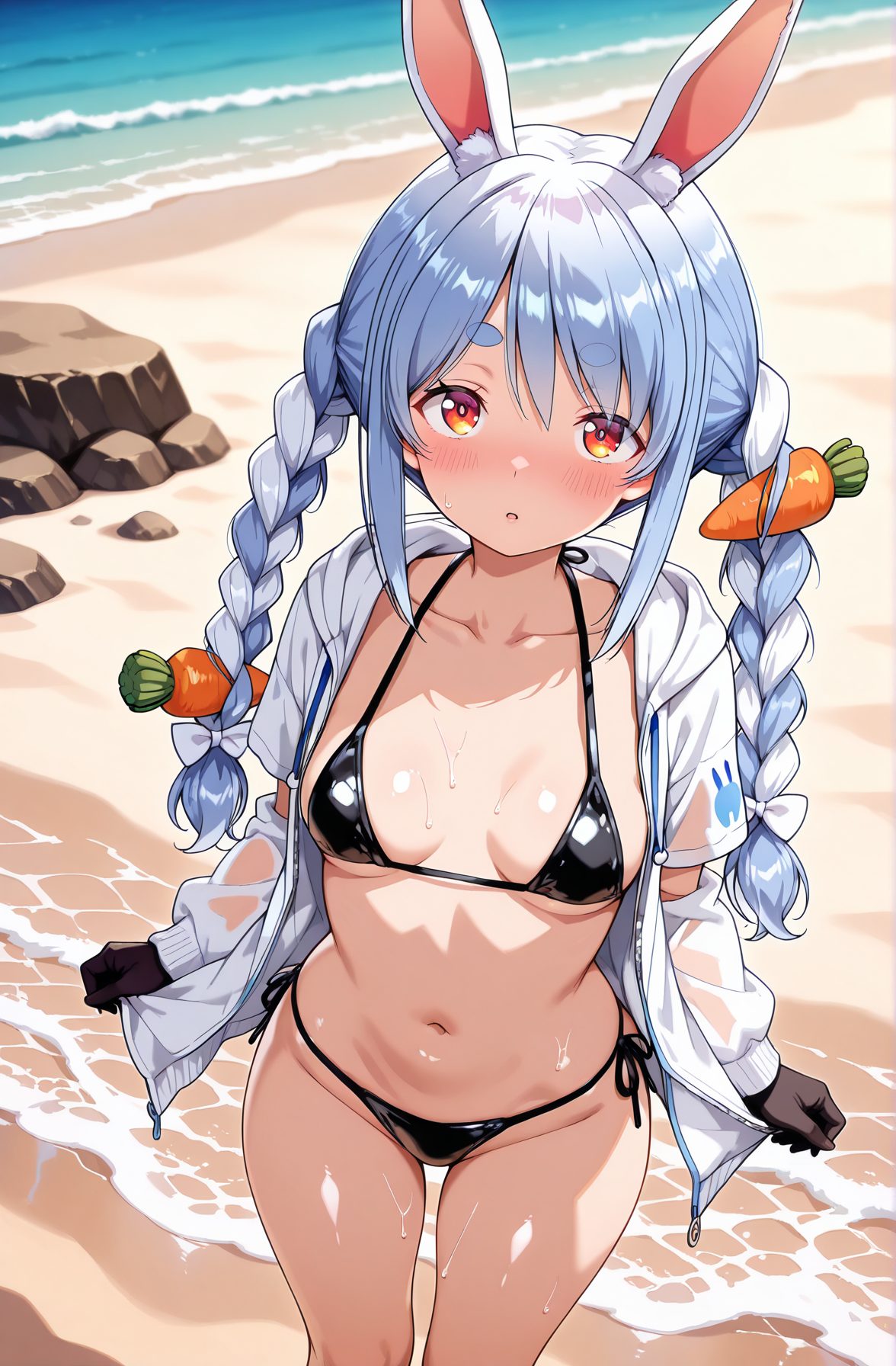 sensitive, 1girl, solo, long_hair, breasts, looking_at_viewer, blush, bangs, hair_ornament, red_eyes, gloves, long_sleeves, navel, animal_ears, twintails, medium_breasts, blue_hair, standing, collarbone, jacket, swimsuit, braid, white_hair, hair_bow, bikini, thighs, multicolored_hair, small_breasts, outdoors, parted_lips, open_clothes, day, black_gloves, virtual_youtuber, hood, water, stomach, rabbit_ears, twin_braids, two-tone_hair, open_jacket, wet, orange_eyes, animal_ear_fluff, symbol-shaped_pupils, black_bikini, side-tie_bikini_bottom, ocean, halterneck, beach, white_jacket, thick_eyebrows, breasts_apart, string_bikini, short_eyebrows, sand, rabbit_girl, food-themed_hair_ornament, carrot_hair_ornament, usada_pekora, 長い髪, 赤面, 前髪, 髪飾り, 赤い目, 手袋, 動物耳, ツインテール, 中くらいの胸, 青髪, 鎖骨, 水着, 白髪, 髪ボウ, ビキニ, 多色髪, 小さな胸, 衣服開く, 黒手袋, バーチャルYouTuber, うさ耳, ツインブレイド, ストリングビキニ, 兎田ぺこら