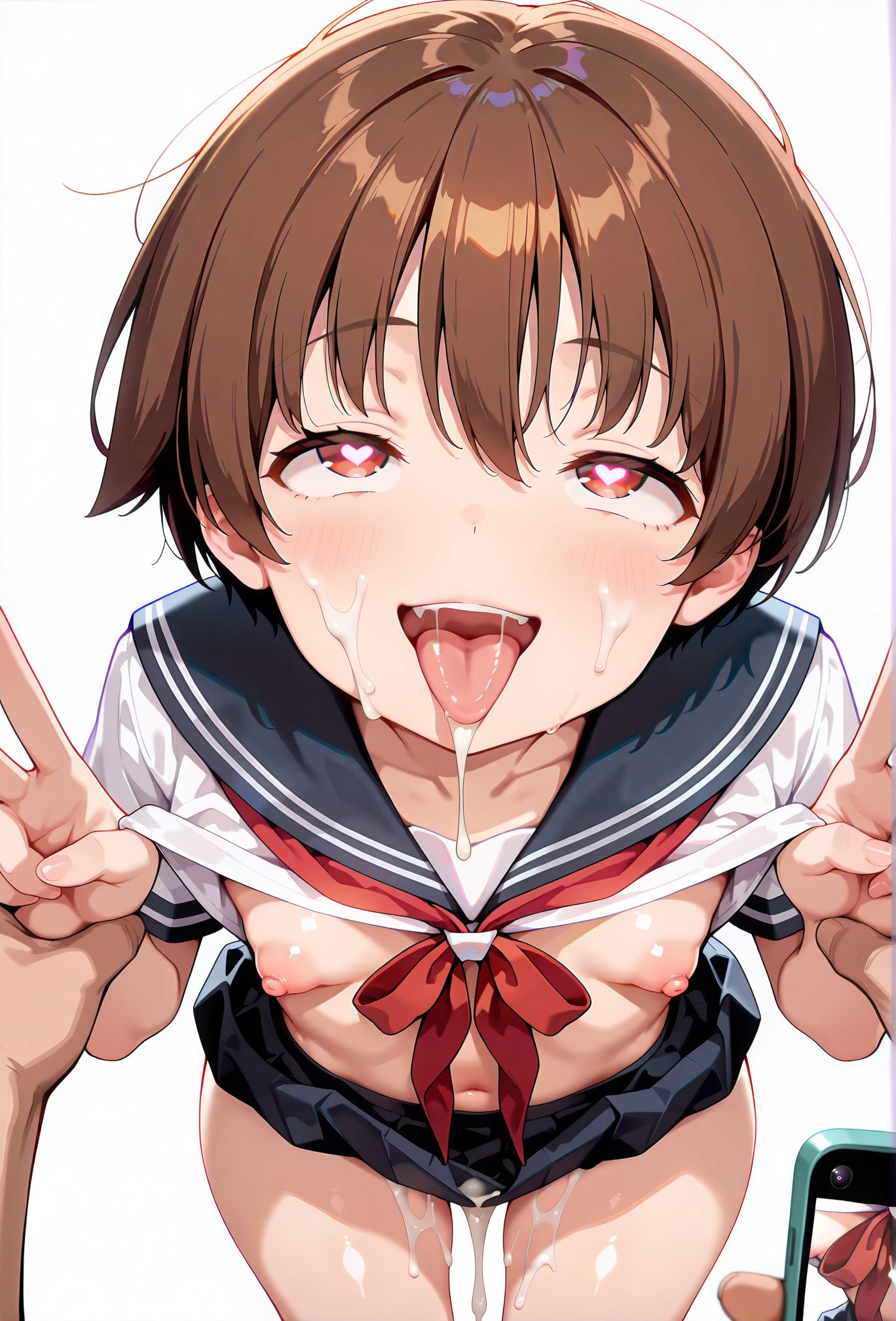 explicit, 1girl, breasts, looking_at_viewer, blush, smile, short_hair, open_mouth, bangs, skirt, simple_background, brown_hair, shirt, red_eyes, 1boy, white_background, navel, brown_eyes, nipples, school_uniform, white_shirt, short_sleeves, hetero, heart, pleated_skirt, small_breasts, teeth, serafuku, solo_focus, tongue, cum, tongue_out, black_skirt, sailor_collar, clothes_lift, neckerchief, symbol-shaped_pupils, v, no_bra, pov, shirt_lift, heart-shaped_pupils, phone, skirt_lift, cum_on_body, cellphone, facial, smartphone, red_neckerchief, holding_phone, black_sailor_collar, cum_in_mouth, double_v, cum_on_tongue, 赤面, 笑顔, 短い髪, 口開き, 前髪, スカート, 茶髪, シャツ, 赤い目, 乳首, 学校制服, 白シャツ, 小さな胸, セーラー服, 精液, 舌出し, 衣服たくし上げ, シャツたくし上げ, ハート目, スカートたくし上げ, ぶっかけ（体）, 口内射精, 宮永咲