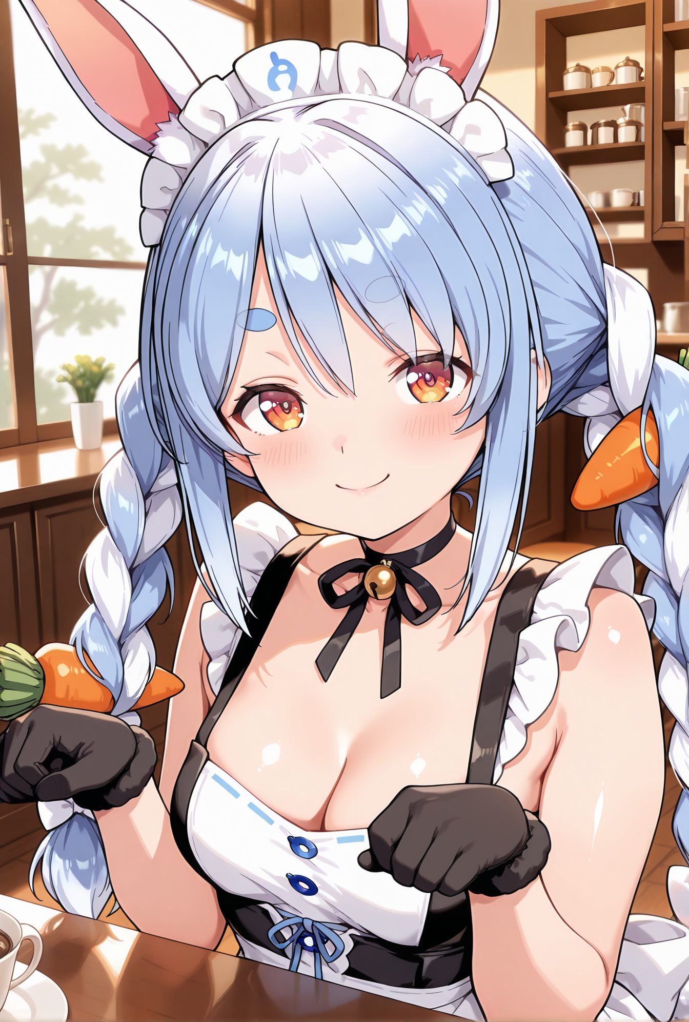 sensitive, 1girl, solo, long_hair, breasts, looking_at_viewer, blush, smile, bangs, hair_ornament, gloves, ribbon, animal_ears, cleavage, bare_shoulders, twintails, medium_breasts, closed_mouth, blue_hair, collarbone, upper_body, braid, white_hair, multicolored_hair, sleeveless, alternate_costume, choker, black_gloves, indoors, virtual_youtuber, rabbit_ears, apron, twin_braids, two-tone_hair, cup, orange_eyes, animal_ear_fluff, maid, maid_headdress, window, bell, black_choker, table, thick_eyebrows, jingle_bell, teacup, enmaided, food-themed_hair_ornament, carrot_hair_ornament, cafe, usada_pekora, ツインテール, メイド, 手袋, バーチャルYouTuber, 兎田ぺこら, 胸チラ, うさ耳, ホロライブ, ぱっつん, 獣耳, ノースリーブ, 長い髪, 赤面, 笑顔, 前髪, 髪飾り, リボン, 動物耳, 肩出し, 中くらいの胸, 口閉じ, 青髪, 鎖骨, 白髪, 多色髪, チョーカー, 黒手袋, ツインブレイド, 黒チョーカー, 兎田ぺこら_posted