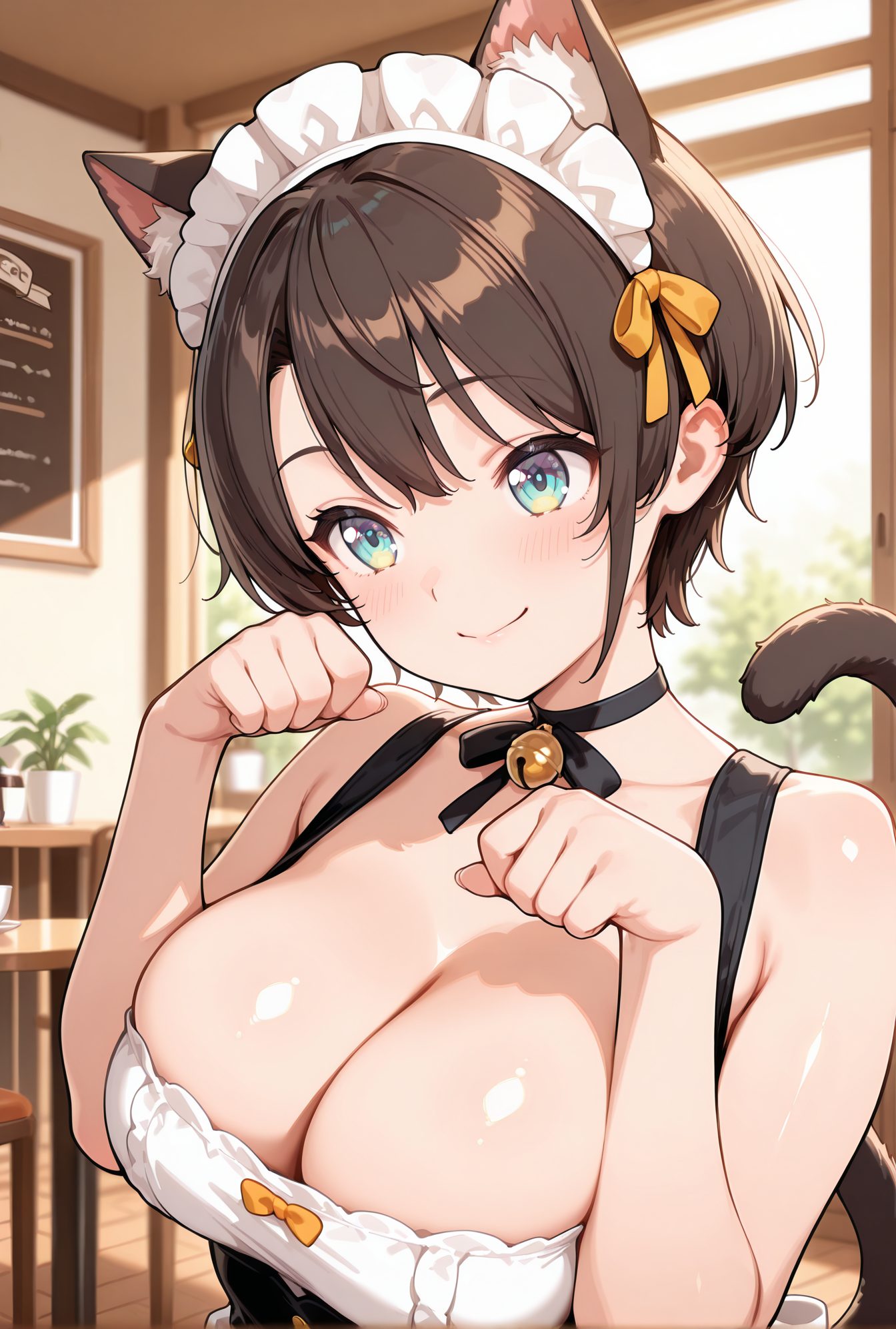 sensitive, 1girl, solo, breasts, looking_at_viewer, blush, smile, short_hair, bangs, blue_eyes, large_breasts, brown_hair, ribbon, animal_ears, cleavage, bare_shoulders, closed_mouth, collarbone, tail, hair_ribbon, upper_body, alternate_costume, choker, indoors, virtual_youtuber, cat_ears, aqua_eyes, cat_tail, animal_ear_fluff, maid, hands_up, maid_headdress, bare_arms, bell, swept_bangs, black_choker, plant, cat_girl, jingle_bell, extra_ears, neck_bell, kemonomimi_mode, paw_pose, enmaided, potted_plant, cafe, oozora_subaru, 赤面, 笑顔, 短い髪, 前髪, 青い目, 大きな胸, 茶髪, リボン, 動物耳, 肩出し, 口閉じ, 鎖骨, 髪リボン, チョーカー, バーチャルYouTuber, 黒チョーカー, 大空スバル