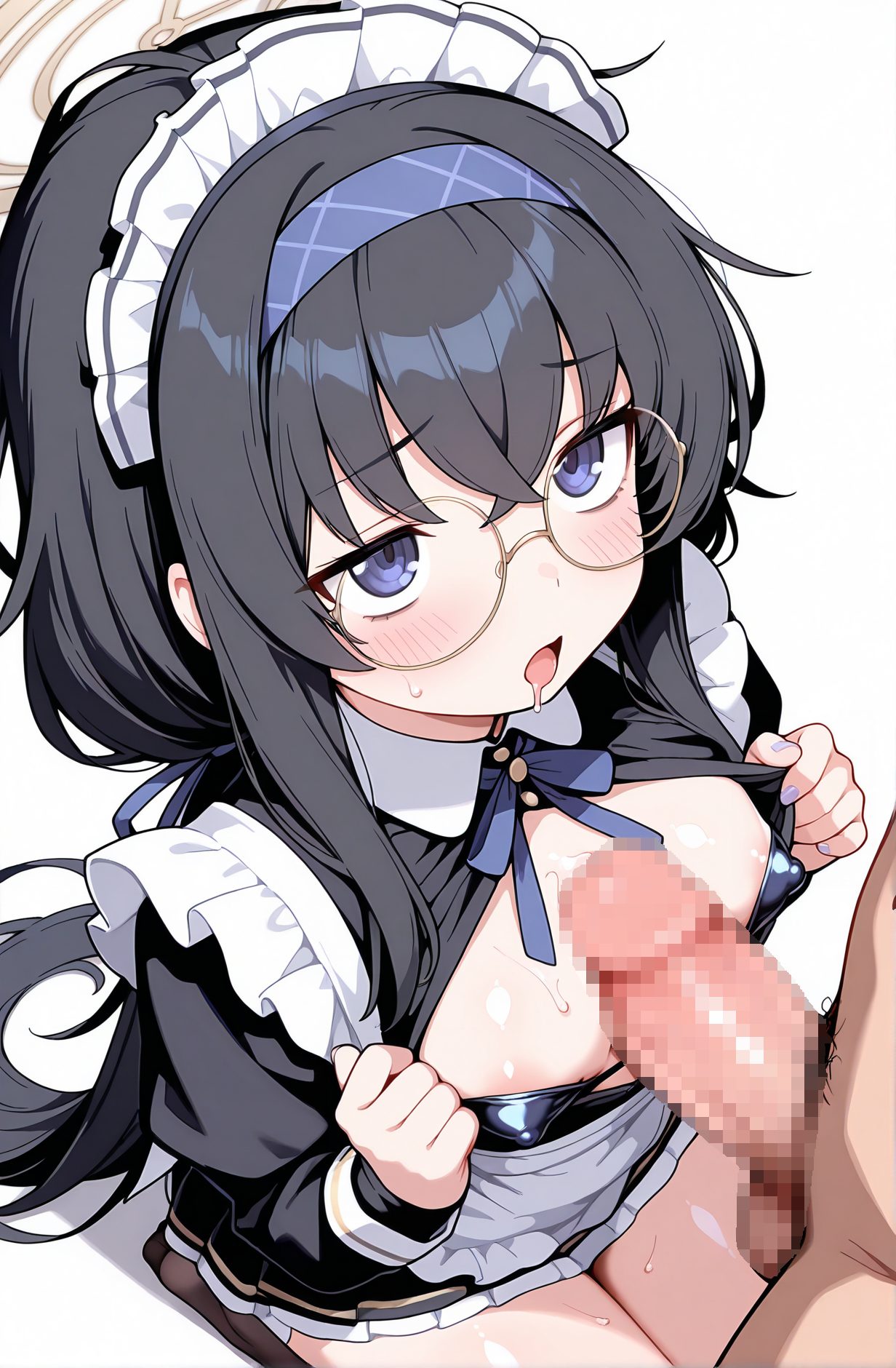 explicit, 1girl, long_hair, breasts, blush, open_mouth, bangs, blue_eyes, skirt, simple_background, black_hair, long_sleeves, 1boy, white_background, dress, ribbon, hair_between_eyes, nipples, hetero, sweat, hairband, small_breasts, frills, penis, glasses, solo_focus, alternate_costume, puffy_sleeves, cum, nail_polish, apron, black_dress, covered_nipples, maid, maid_headdress, pubic_hair, saliva, uncensored, halo, clothes_pull, erection, cum_on_body, blue_ribbon, drooling, white_apron, male_pubic_hair, cum_on_breasts, veins, enmaided, round_eyewear, veiny_penis, bags_under_eyes, blue_hairband, foreskin, bra_pull, ui_(blue_archive), 長い髪, 赤面, 口開き, 前髪, 青い目, スカート, 黒髪, リボン, 目にかかる髪, 乳首, 汗, ヘアバンド, 小さな胸, 精液, よだれ, 無修正, ぶっかけ（体）, 胸へのぶっかけ, ウイ（ブルーアーカイブ）