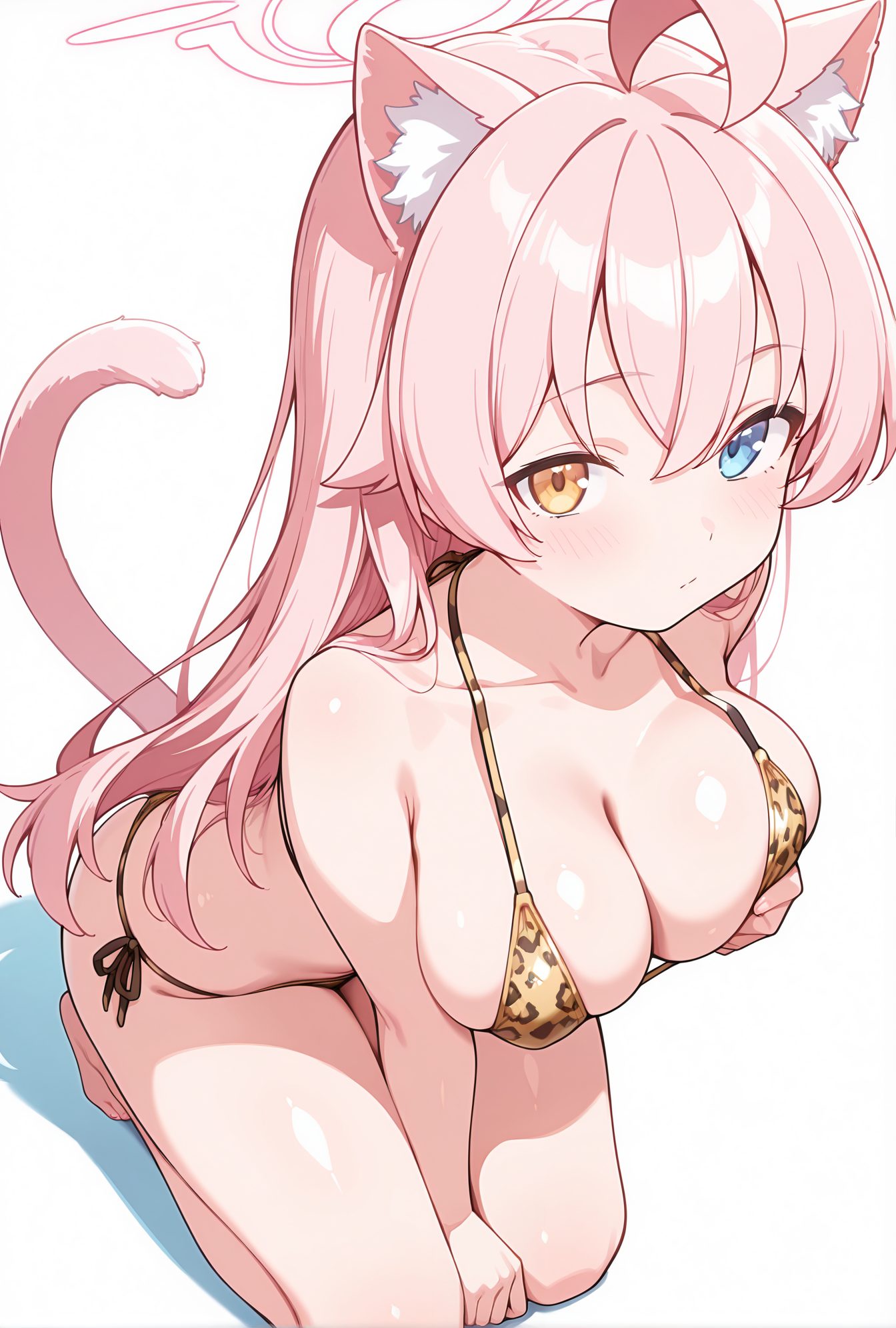 sensitive, 1girl, solo, long_hair, breasts, looking_at_viewer, blush, bangs, blue_eyes, large_breasts, simple_background, white_background, animal_ears, cleavage, hair_between_eyes, bare_shoulders, closed_mouth, collarbone, tail, swimsuit, yellow_eyes, pink_hair, ahoge, bikini, barefoot, cat_ears, cat_tail, animal_ear_fluff, bare_legs, kneeling, side-tie_bikini_bottom, heterochromia, halo, cat_girl, animal_print, string_bikini, leopard_print, hoshino_(blue_archive), 長い髪, 赤面, 前髪, 青い目, 大きな胸, 動物耳, 目にかかる髪, 肩出し, 口閉じ, 鎖骨, 水着, ピンク髪, アホ毛, ビキニ, ストリングビキニ, ホシノ（ブルーアーカイブ）
