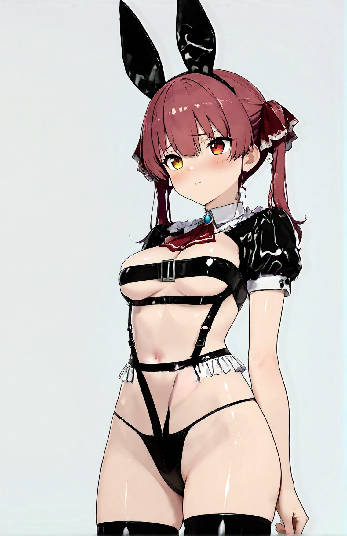 1girl, breasts, solo, red eyes, heterochromia, virtual youtuber, yellow eyes, red hair, animal ears, red ascot, twintails, blush, thighhighs, houshou marine, fake animal ears, ascot, ribbon, hair ribbon, short sleeves, rabbit ears, navel, bangs, medium breasts, closed mouth, panties, underwear, shrug \(clothing\), black thighhighs, stomach, underboob, black panties, puffy sleeves, cowboy shot, puffy short sleeves, reverse outfit, reverse bunnysuit, red ribbon, jewelry, long hair, simple background, meme attire, grey background, wing collar, thighs, revealing clothes, shiny, brooch, skindentation, 赤面, ツインテール, 赤髪, 下乳, パンツ, 獣耳, ロングヘア, 下着, 赤目, ぱっつん, うさ耳, アングル, ホロライブ, 宝鐘マリン, 赤い目, バーチャルYouTuber, 動物耳, 太ももハイソックス, 偽動物耳, リボン, 髪リボン, 前髪, 中くらいの胸, 口閉じ, リバースバニースーツ, 赤リボン, ジュエリー, 長い髪, 光沢