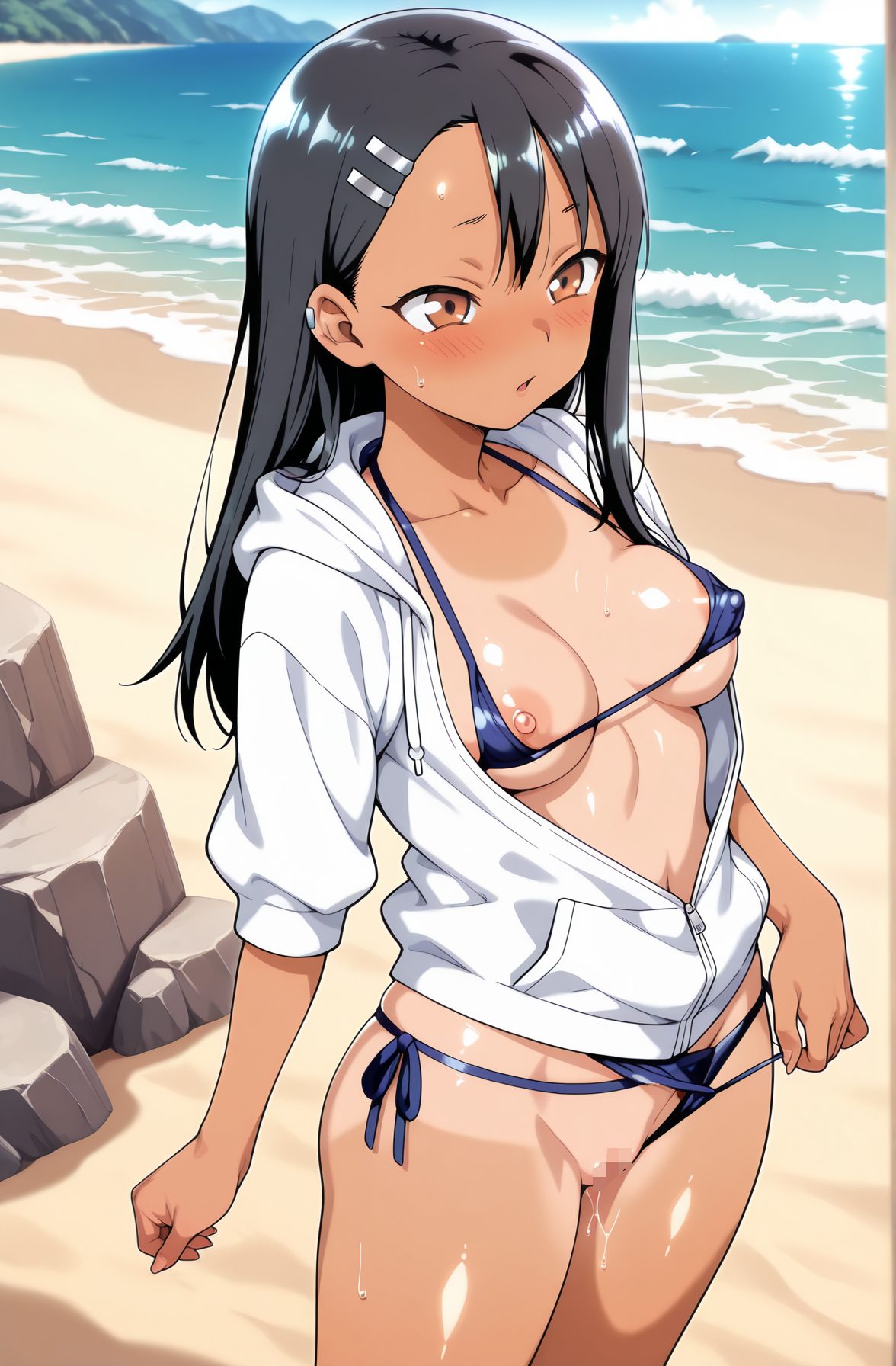 explicit, 1girl, solo, long_hair, breasts, blush, bangs, black_hair, hair_ornament, brown_eyes, medium_breasts, nipples, standing, collarbone, jacket, swimsuit, bikini, sweat, small_breasts, outdoors, parted_lips, open_clothes, sky, pussy, day, hairclip, shiny, dark_skin, hood, water, covered_nipples, dark-skinned_female, shiny_skin, uncensored, hoodie, pussy_juice, side-tie_bikini_bottom, ocean, beach, tan, string_bikini, micro_bikini, clothing_aside, blue_bikini, zipper, tanlines, one_breast_out, one-piece_tan, bikini_bottom_aside, nagatoro_hayase, 長い髪, 赤面, 前髪, 黒髪, 髪飾り, 中くらいの胸, 乳首, 鎖骨, 水着, ビキニ, 汗, 小さな胸, 衣服開く, ヘアクリップ, 光沢, 褐色肌, 褐色女性, 光沢肌, 無修正, パーカー, 愛液, 日焼け, ストリングビキニ, マイクロビキニ, 衣服ずらし, 日焼け跡, 一枚水着の日焼け, 長瀞早瀬