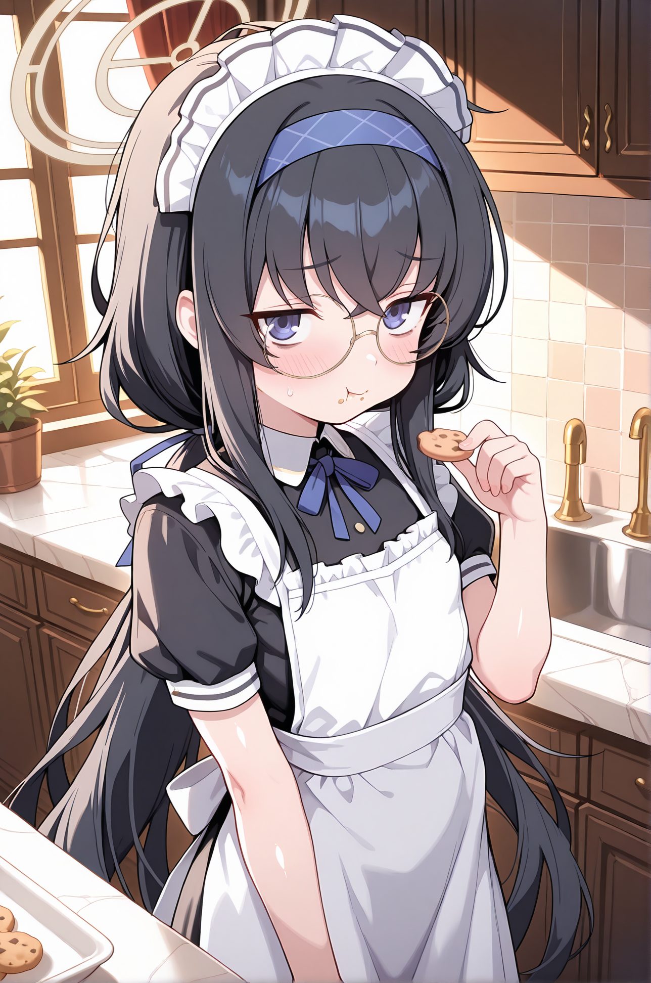 general, 1girl, solo, long_hair, looking_at_viewer, blush, bangs, blue_eyes, black_hair, ribbon, holding, hair_between_eyes, twintails, very_long_hair, closed_mouth, short_sleeves, hairband, frills, food, glasses, alternate_costume, puffy_sleeves, indoors, apron, puffy_short_sleeves, maid, maid_headdress, window, neck_ribbon, low_twintails, halo, eating, holding_food, plant, blue_ribbon, white_apron, maid_apron, :t, enmaided, round_eyewear, food_on_face, potted_plant, bags_under_eyes, cookie, kitchen, ui_(blue_archive), 長い髪, 赤面, 前髪, 青い目, 黒髪, リボン, 目にかかる髪, ツインテール, とても長い髪, 口閉じ, ヘアバンド, ローツインテール, ウイ（ブルーアーカイブ）