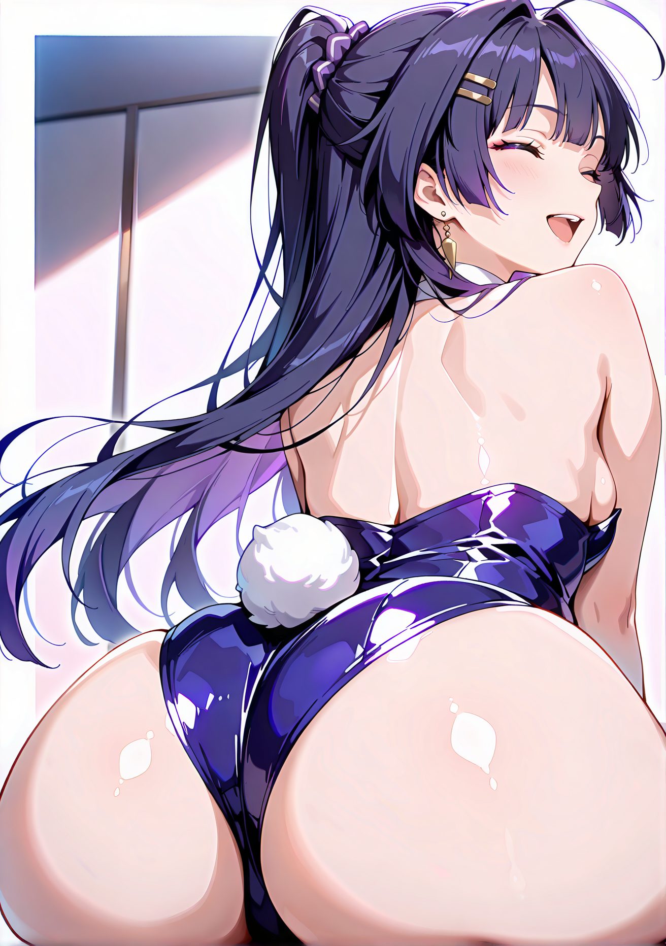 sensitive, questionable, 1girl, solo, long_hair, breasts, blush, smile, open_mouth, bangs, hair_ornament, animal_ears, bare_shoulders, jewelry, sitting, tail, closed_eyes, ponytail, purple_hair, ass, ahoge, earrings, hairclip, from_behind, rabbit_ears, leotard, strapless, sideboob, back, playboy_bunny, rabbit_tail, strapless_leotard, fake_tail, blue_leotard, raiden_mei, 横乳, 尻, アホ毛, レオタード, ポニーテール, うさ耳, ぱっつん, 背中, 獣耳, 長い髪, 赤面, 笑顔, 口開き, 前髪, 髪飾り, 動物耳, 肩出し, ジュエリー, 座り, 紫髪, イヤリング, ヘアクリップ, プレイボーイバニー, ストラップレスレオタード, 雷電芽衣, Posted