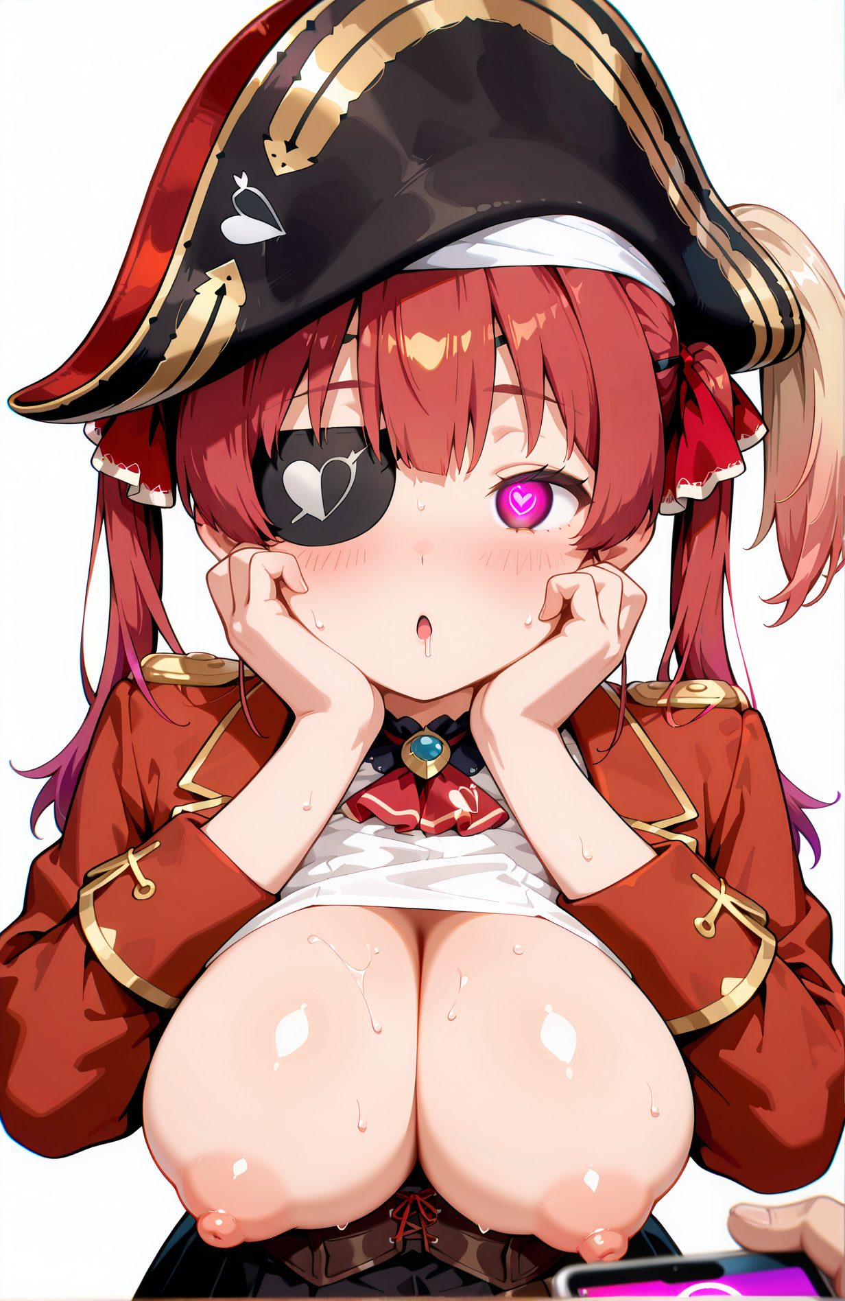 questionable, 1girl, long_hair, breasts, looking_at_viewer, blush, open_mouth, bangs, large_breasts, simple_background, shirt, long_sleeves, hat, white_background, ribbon, cleavage, twintails, nipples, hair_ribbon, upper_body, heart, red_hair, sweat, open_clothes, solo_focus, virtual_youtuber, :o, red_ribbon, symbol-shaped_pupils, ascot, black_headwear, saliva, heart-shaped_pupils, phone, eyepatch, cellphone, breasts_out, drooling, smartphone, red_jacket, puffy_nipples, red_ascot, mind_control, pirate_hat, hypnosis, pirate, bicorne, houshou_marine, 長い髪, 赤面, 口開き, 前髪, 大きな胸, シャツ, 帽子, リボン, ツインテール, 乳首, 髪リボン, 赤髪, 汗, 衣服開く, バーチャルYouTuber, 赤リボン, よだれ, ハート目, アイパッチ, 胸出し, 海賊帽, 催眠, 宝鐘マリン