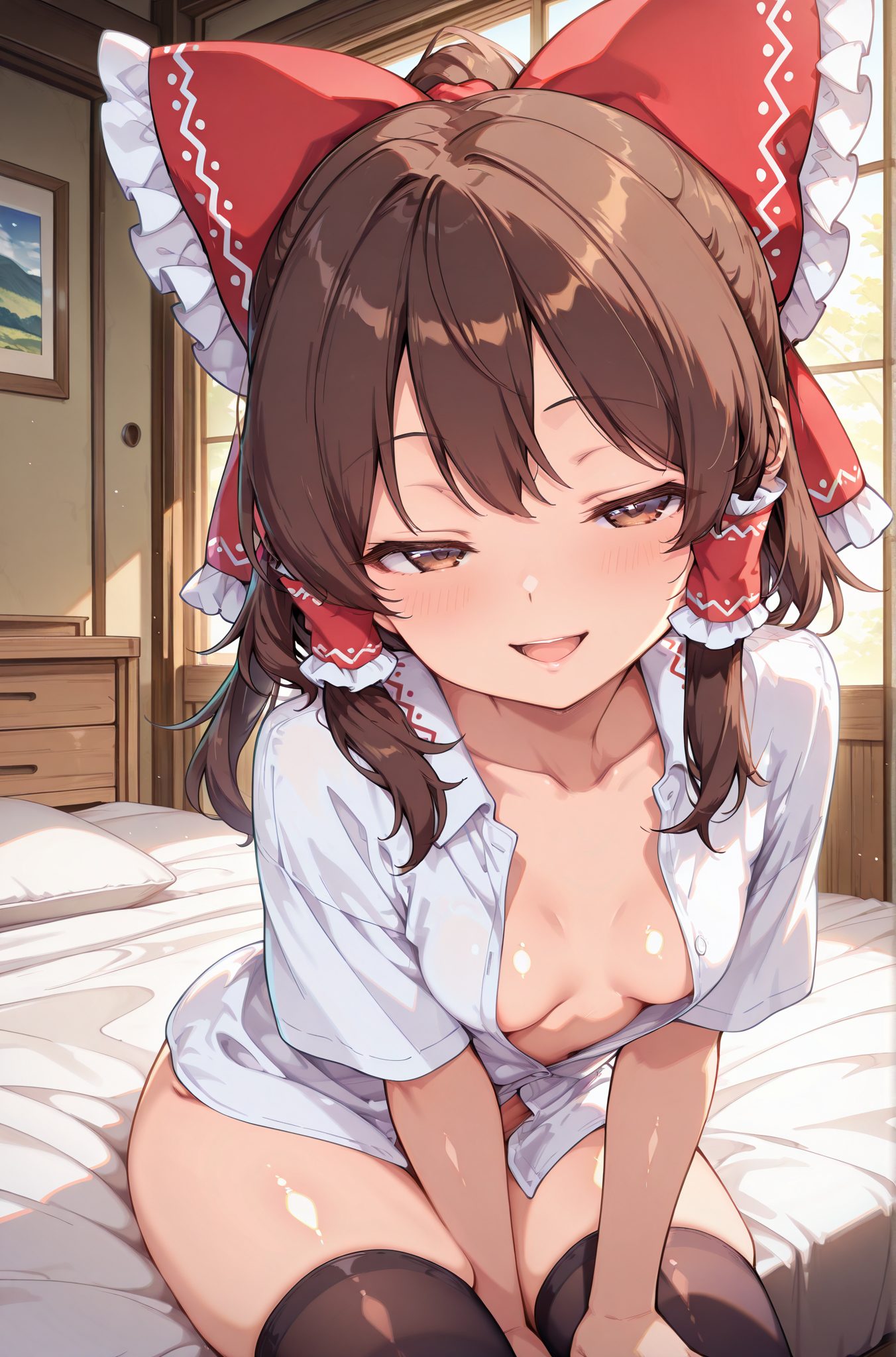 questionable, 1girl, solo, long_hair, breasts, looking_at_viewer, blush, smile, open_mouth, bangs, brown_hair, shirt, thighhighs, bow, brown_eyes, sitting, collarbone, white_shirt, short_sleeves, hair_bow, sidelocks, thighs, small_breasts, frills, collared_shirt, black_thighhighs, indoors, red_bow, pillow, no_bra, on_bed, hair_tubes, half-closed_eyes, between_legs, naughty_face, hand_between_legs, frilled_bow, hakurei_reimu, 長い髪, 赤面, 笑顔, 口開き, 前髪, 茶髪, シャツ, 太ももハイソックス, ボウ, 座り, 鎖骨, 白シャツ, 髪ボウ, サイドロック, 小さな胸, 赤リボン, 博麗霊夢