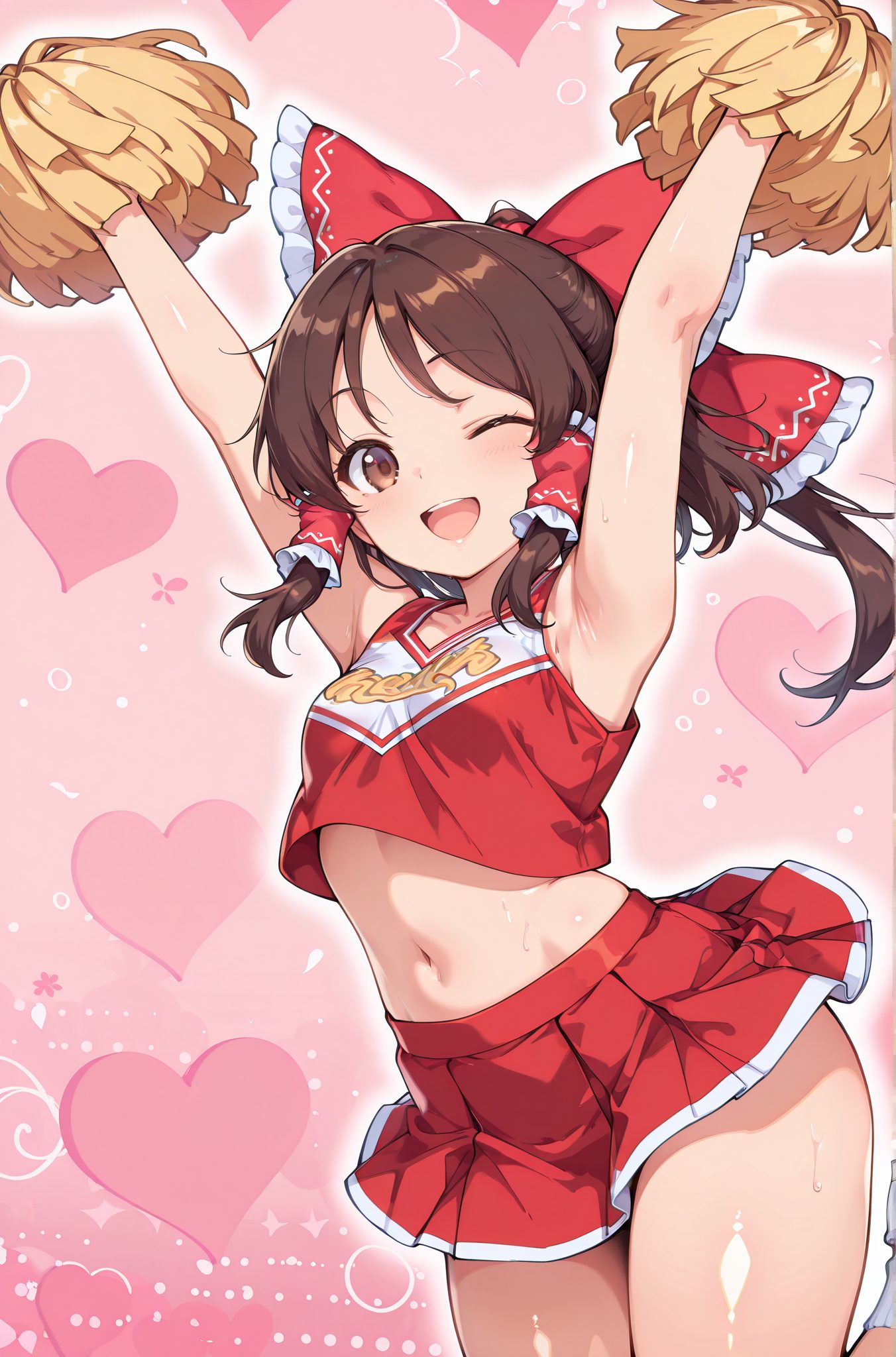 sensitive, 1girl, solo, breasts, looking_at_viewer, blush, smile, open_mouth, skirt, brown_hair, shirt, bow, navel, brown_eyes, hair_bow, heart, thighs, sweat, pleated_skirt, one_eye_closed, sleeveless, socks, midriff, miniskirt, armpits, red_bow, arms_up, crop_top, sleeveless_shirt, red_skirt, hair_tubes, pink_background, ;d, white_socks, red_shirt, cheerleader, pom_pom_(cheerleading), heart_background, holding_pom_poms, cheering, hakurei_reimu, 赤面, 笑顔, 口開き, スカート, 茶髪, シャツ, ボウ, 髪ボウ, 汗, ソックス, ミニスカート, 赤リボン, クロップトップ, 白ソックス, 博麗霊夢, ok