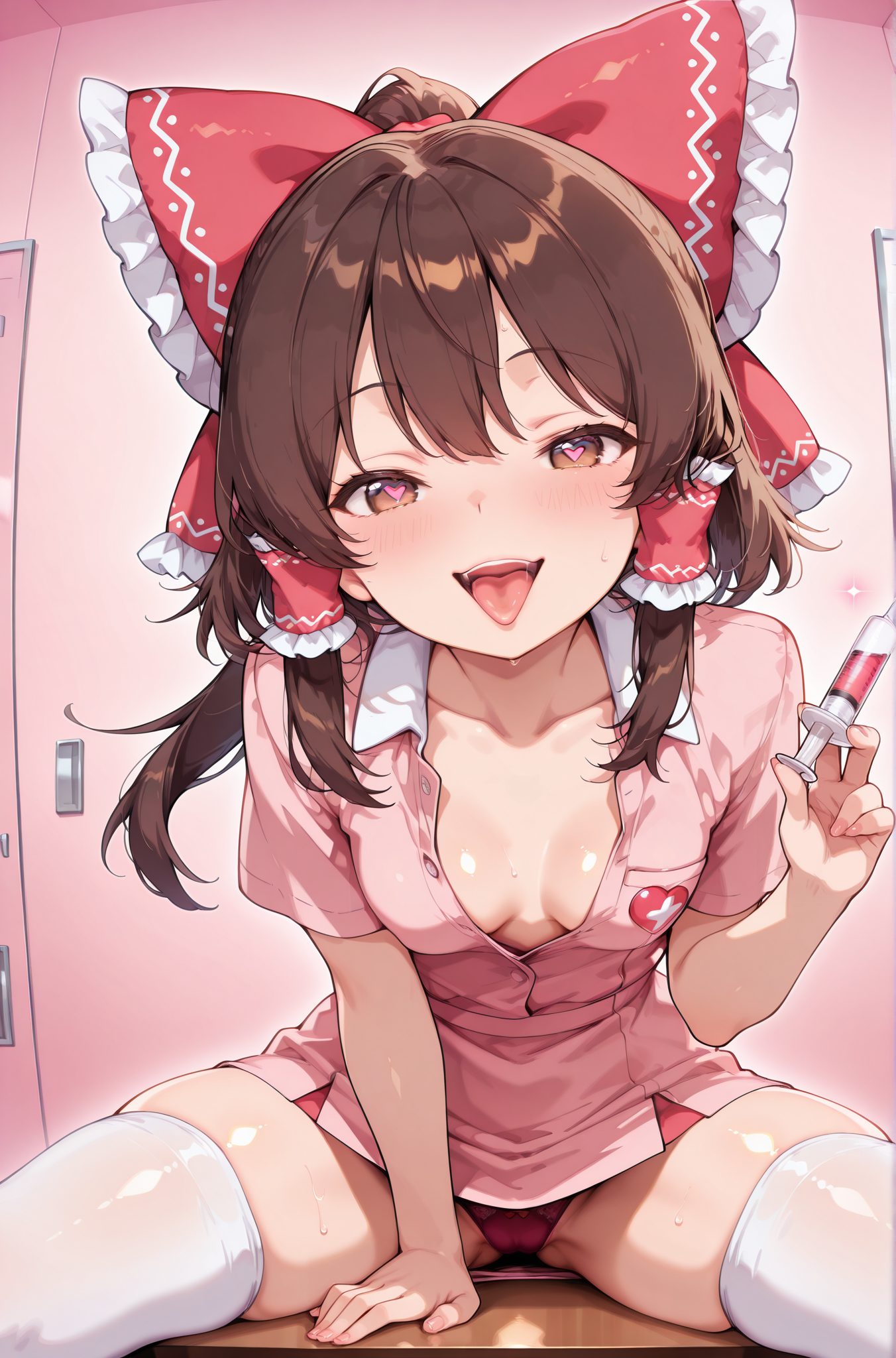 questionable, 1girl, solo, long_hair, breasts, looking_at_viewer, blush, smile, open_mouth, bangs, brown_hair, thighhighs, dress, bow, holding, brown_eyes, medium_breasts, sitting, underwear, collarbone, panties, ponytail, short_sleeves, hair_bow, heart, sidelocks, thighs, sweat, small_breasts, frills, alternate_costume, tongue, indoors, spread_legs, tongue_out, red_bow, white_thighhighs, symbol-shaped_pupils, no_bra, skindentation, cameltoe, ass_visible_through_thighs, hair_tubes, heart-shaped_pupils, pantyshot, pink_dress, naughty_face, nurse_cap, collared_dress, nurse, frilled_bow, syringe, holding_syringe, hakurei_reimu, 長い髪, 赤面, 笑顔, 口開き, 前髪, 茶髪, 太ももハイソックス, ボウ, 中くらいの胸, 座り, 下着, 鎖骨, パンツ, ポニーテール, 髪ボウ, サイドロック, 汗, 小さな胸, 脚開き, 舌出し, 赤リボン, ハート目, 博麗霊夢, ok