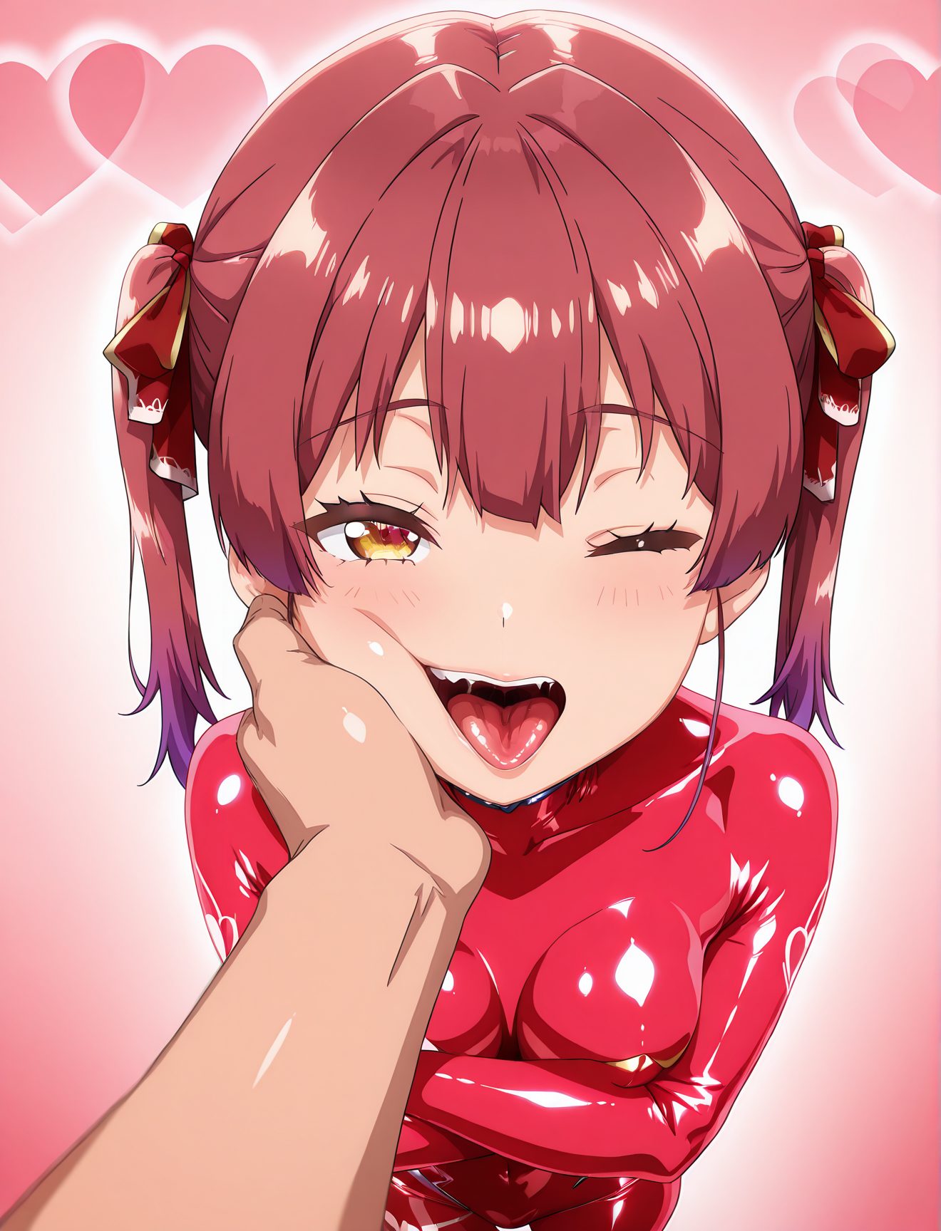 sensitive, questionable, 1girl, breasts, looking_at_viewer, blush, smile, open_mouth, 1boy, ribbon, twintails, hair_ribbon, yellow_eyes, heart, red_hair, one_eye_closed, teeth, solo_focus, tongue, virtual_youtuber, tongue_out, symbol-shaped_pupils, bodysuit, pov, heart-shaped_pupils, skin_tight, pov_hands, hand_on_another's_face, latex, red_bodysuit, latex_bodysuit, houshou_marine, ハート目, 赤面, ウインク, 笑顔, 口, ツインテール, 舌, 光沢, コスチューム, ぴっちりスーツ, ホロライブ, 宝鐘マリン, バーチャルYouTuber, 口開き, リボン, 髪リボン, 赤髪, 舌出し, ボディスーツ