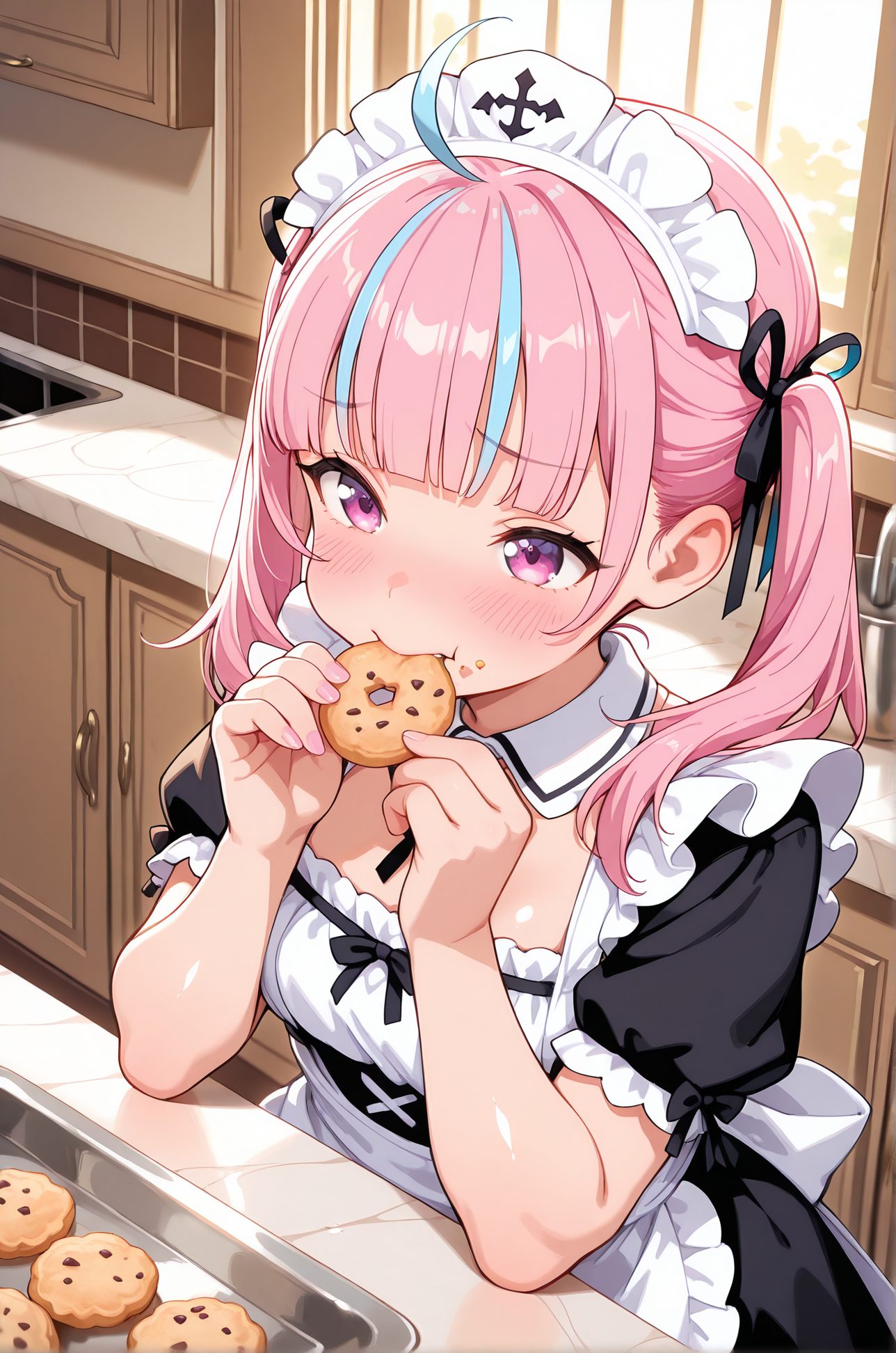 sensitive, 1girl, solo, long_hair, breasts, blush, bangs, dress, ribbon, holding, twintails, closed_mouth, blue_hair, purple_eyes, hair_ribbon, upper_body, pink_hair, ahoge, short_sleeves, multicolored_hair, small_breasts, frills, food, puffy_sleeves, indoors, virtual_youtuber, blunt_bangs, pink_eyes, apron, black_dress, two-tone_hair, puffy_short_sleeves, streaked_hair, maid, maid_headdress, black_ribbon, detached_collar, eating, holding_food, white_apron, maid_apron, frilled_apron, colored_inner_hair, food_on_face, doughnut, cookie, minato_aqua, 長い髪, 赤面, 前髪, リボン, ツインテール, 口閉じ, 青髪, 髪リボン, ピンク髪, アホ毛, 多色髪, 小さな胸, バーチャルYouTuber, みなとあくあ, 湊あくあ_posted