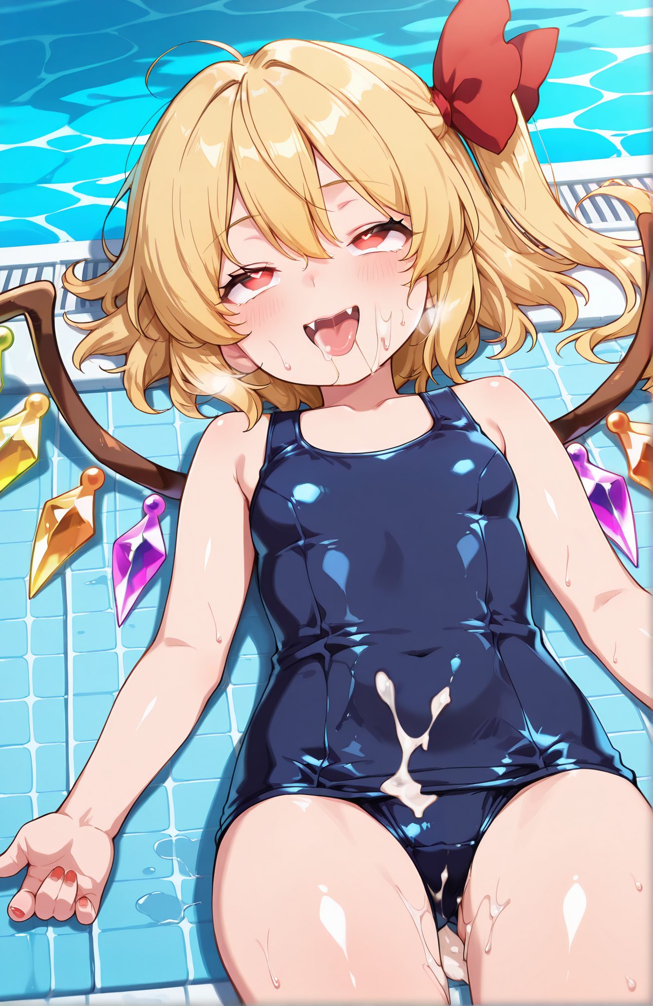 explicit, 1girl, solo, breasts, blush, smile, open_mouth, bangs, blonde_hair, red_eyes, bow, ribbon, hair_between_eyes, bare_shoulders, swimsuit, hair_ribbon, ahoge, hair_bow, heart, cowboy_shot, small_breasts, lying, wings, alternate_costume, tongue, fang, shiny, cum, tongue_out, on_back, water, nail_polish, red_bow, one-piece_swimsuit, symbol-shaped_pupils, bare_arms, covered_navel, one_side_up, fangs, ass_visible_through_thighs, heart-shaped_pupils, cum_on_body, school_swimsuit, no_headwear, red_nails, shiny_clothes, crystal, ahegao, pool, cum_on_clothes, poolside, flandre_scarlet, 赤面, 笑顔, 口開き, 前髪, 金髪, 赤い目, ボウ, リボン, 目にかかる髪, 肩出し, 水着, 髪リボン, アホ毛, 髪ボウ, 小さな胸, 横たわり, 光沢, 精液, 舌出し, 仰向け, 赤リボン, ワンピース水着, 片側アップ, ハート目, ぶっかけ（体）, 学校水着, アヘ顔, フランドール・スカーレット