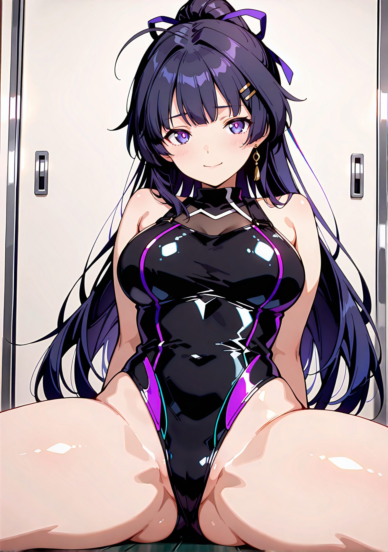 sensitive, questionable, 1girl, solo, long_hair, breasts, looking_at_viewer, blush, smile, bangs, large_breasts, hair_ornament, ribbon, bare_shoulders, jewelry, sitting, closed_mouth, purple_eyes, swimsuit, hair_ribbon, ponytail, purple_hair, thighs, earrings, hairclip, indoors, spread_legs, one-piece_swimsuit, covered_navel, highleg, arms_behind_back, competition_swimsuit, black_one-piece_swimsuit, locker, locker_room, raiden_mei, ポニーテール, ハイグレ, 水着, 巨乳, ワンピース, ぱっつん, 長い髪, 赤面, 笑顔, 前髪, 大きな胸, 髪飾り, リボン, 肩出し, ジュエリー, 座り, 口閉じ, 髪リボン, 紫髪, イヤリング, ヘアクリップ, 脚開き, ワンピース水着, 雷電芽衣, Posted, 巨乳_posted, 競泳水着