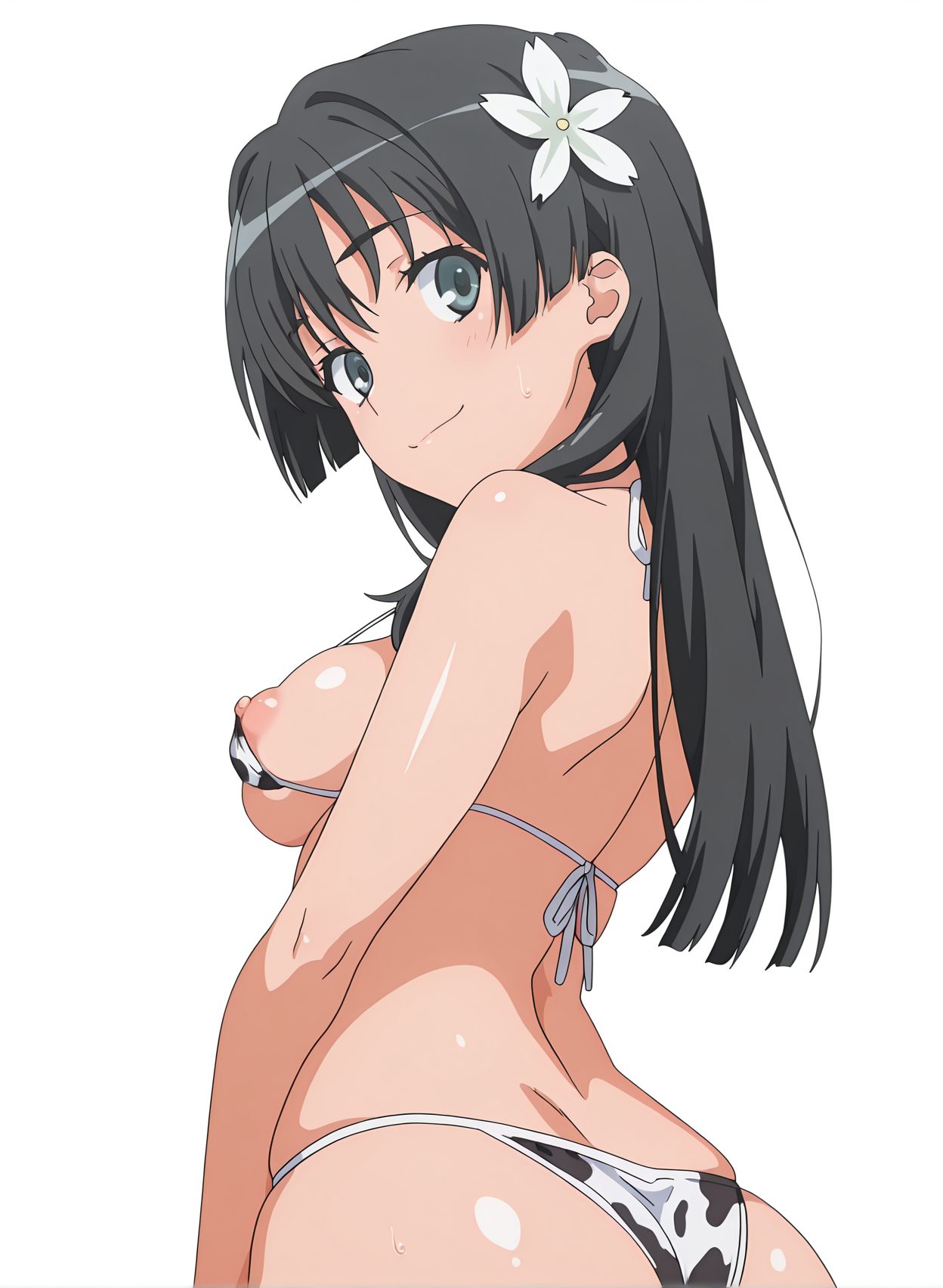 questionable, 1girl, solo, long_hair, breasts, looking_at_viewer, blush, smile, bangs, simple_background, black_hair, hair_ornament, white_background, medium_breasts, closed_mouth, nipples, green_eyes, swimsuit, ass, flower, bikini, shiny, looking_back, hair_flower, from_behind, shiny_skin, white_bikini, animal_print, micro_bikini, cow_print, saten_ruiko, 赤面, 笑顔, 乳首, 尻, 水着, 牛柄ビキニ, マイクロビキニ, ぱっつん, 長い髪, 前髪, 黒髪, 髪飾り, 中くらいの胸, 口閉じ, 緑の目, ビキニ, 光沢, 髪の花, 光沢肌, 牛柄, 佐天涙子