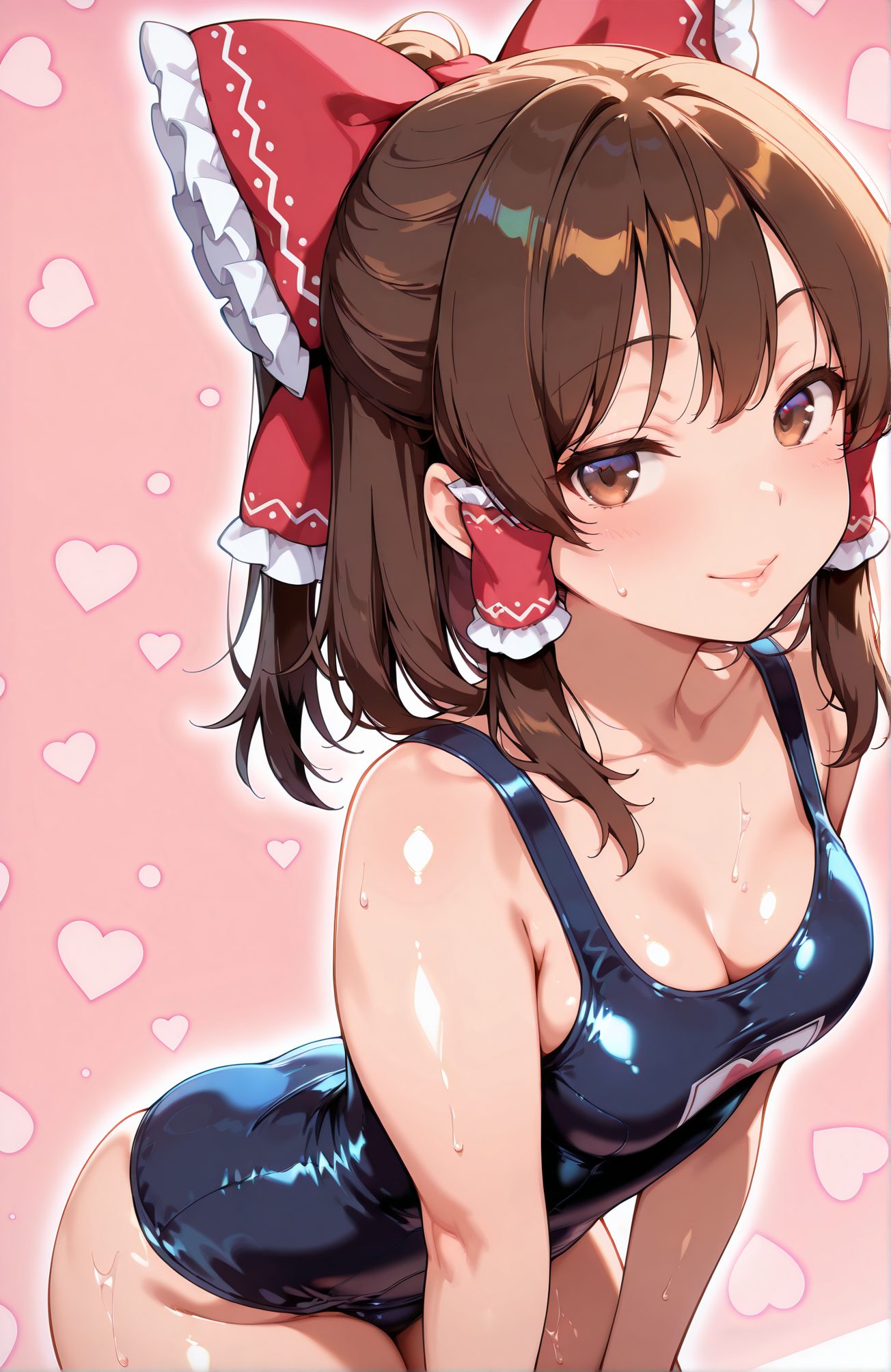 sensitive, 1girl, solo, breasts, looking_at_viewer, blush, smile, bangs, brown_hair, bow, cleavage, bare_shoulders, brown_eyes, medium_breasts, closed_mouth, collarbone, swimsuit, hair_bow, heart, sidelocks, cowboy_shot, sweat, frills, shiny, medium_hair, red_bow, lips, wet, one-piece_swimsuit, shiny_skin, bare_arms, skindentation, leaning_forward, hair_tubes, pink_background, school_swimsuit, shiny_clothes, blue_one-piece_swimsuit, frilled_bow, heart_background, hakurei_reimu, 赤面, 笑顔, 前髪, 茶髪, ボウ, 肩出し, 中くらいの胸, 口閉じ, 鎖骨, 水着, 髪ボウ, サイドロック, 汗, 光沢, 赤リボン, ワンピース水着, 光沢肌, 学校水着, 博麗霊夢