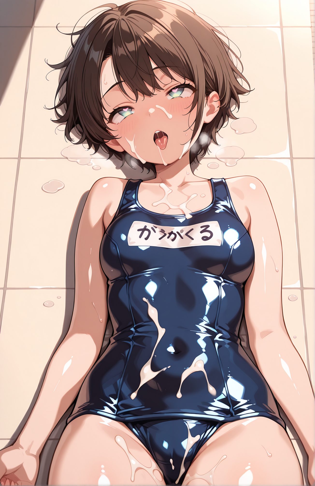 explicit, 1girl, solo, breasts, looking_at_viewer, blush, short_hair, open_mouth, bangs, brown_hair, bare_shoulders, collarbone, swimsuit, heart, small_breasts, lying, tongue, shiny, virtual_youtuber, cum, tongue_out, on_back, aqua_eyes, one-piece_swimsuit, symbol-shaped_pupils, covered_navel, swept_bangs, heart-shaped_pupils, cum_on_body, school_swimsuit, facial, heavy_breathing, shiny_clothes, blue_one-piece_swimsuit, name_tag, ahegao, tiles, bukkake, cum_on_clothes, old_school_swimsuit, oozora_subaru, 赤面, 短い髪, 口開き, 前髪, 茶髪, 肩出し, 鎖骨, 水着, 小さな胸, 横たわり, 光沢, バーチャルYouTuber, 精液, 舌出し, 仰向け, ワンピース水着, ハート目, ぶっかけ（体）, 学校水着, アヘ顔, 旧スクール水着, 大空スバル