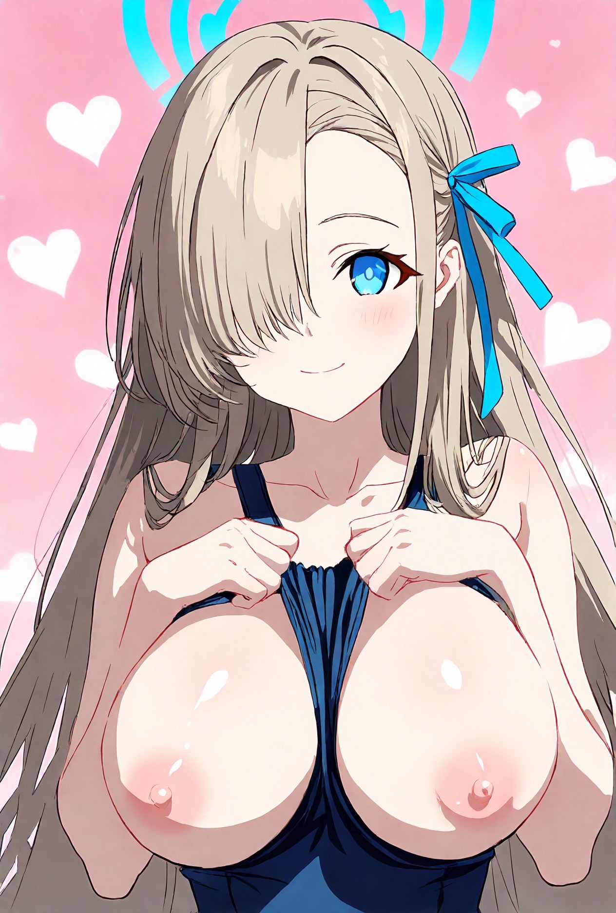 1girl, breasts, asuna \(blue archive\), solo, hair over one eye, long hair, large breasts, nipples, swimsuit, breasts out, one-piece swimsuit, blue eyes, smile, heart background, looking at viewer, heart, ribbon, blue one-piece swimsuit, halo, collarbone, bangs, hair ribbon, upper body, blush, between breasts, closed mouth, blue ribbon, bare shoulders, clothes between breasts, light brown hair, asymmetrical bangs, alternate costume, pink background, very long hair, simple background, 赤面, 笑顔, 乳首, 水着, パイモロ, 露出, ロングヘア, 巨乳, ぱっつん, ワンピース, トップレス, アスナ（ブルーアーカイブ）, 長い髪, 大きな胸, 胸出し, ワンピース水着, 青い目, リボン, 鎖骨, 前髪, 髪リボン, 口閉じ, 肩出し, とても長い髪