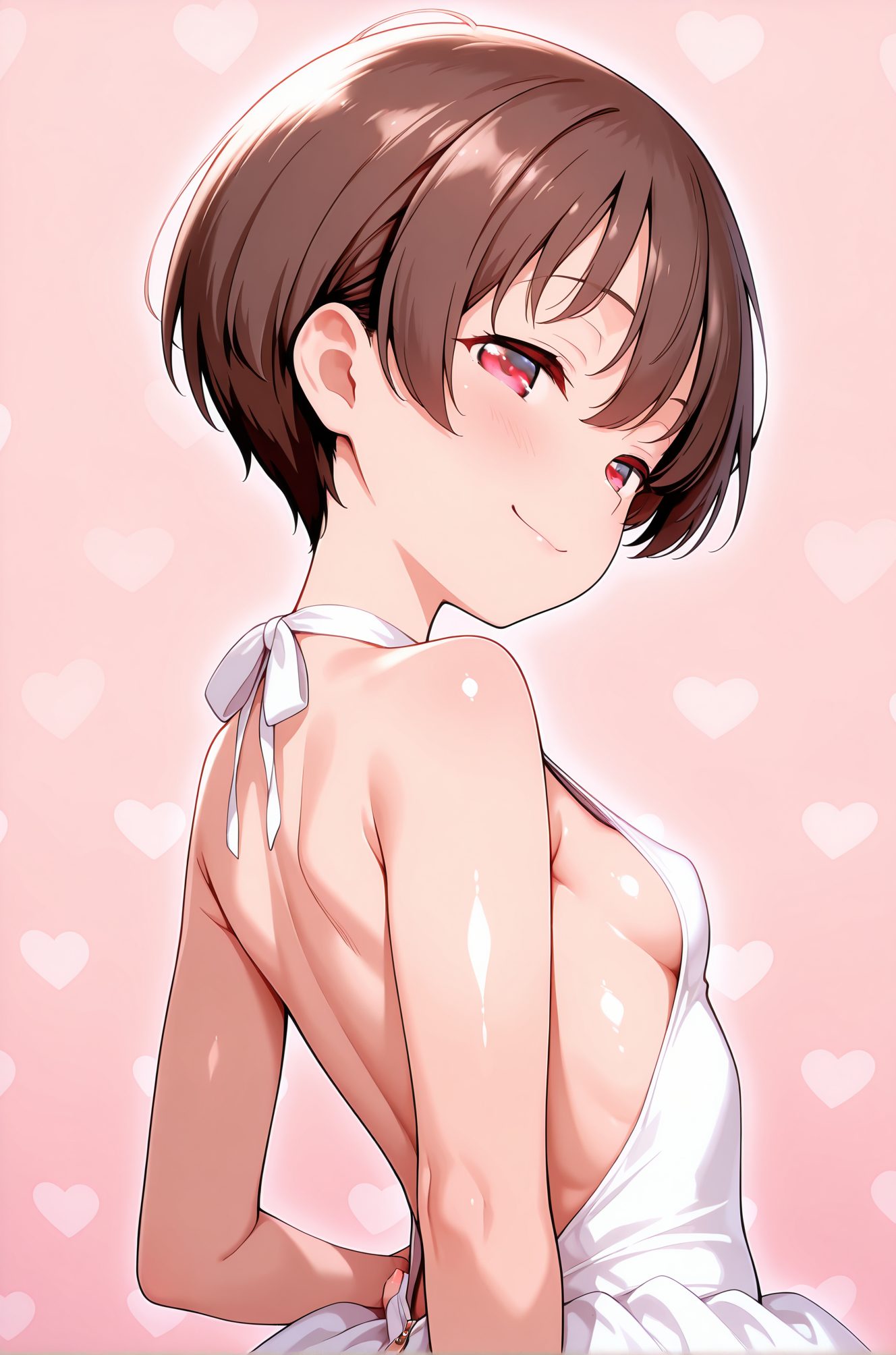 sensitive, questionable, 1girl, solo, breasts, looking_at_viewer, blush, smile, short_hair, bangs, brown_hair, red_eyes, dress, bare_shoulders, closed_mouth, upper_body, heart, small_breasts, shiny, white_dress, from_side, shiny_skin, sideboob, arms_behind_back, pink_background, heart_background, 赤面, 笑顔, 短い髪, 前髪, 茶髪, 赤い目, 肩出し, 口閉じ, 小さな胸, 光沢, 光沢肌, 宮永咲