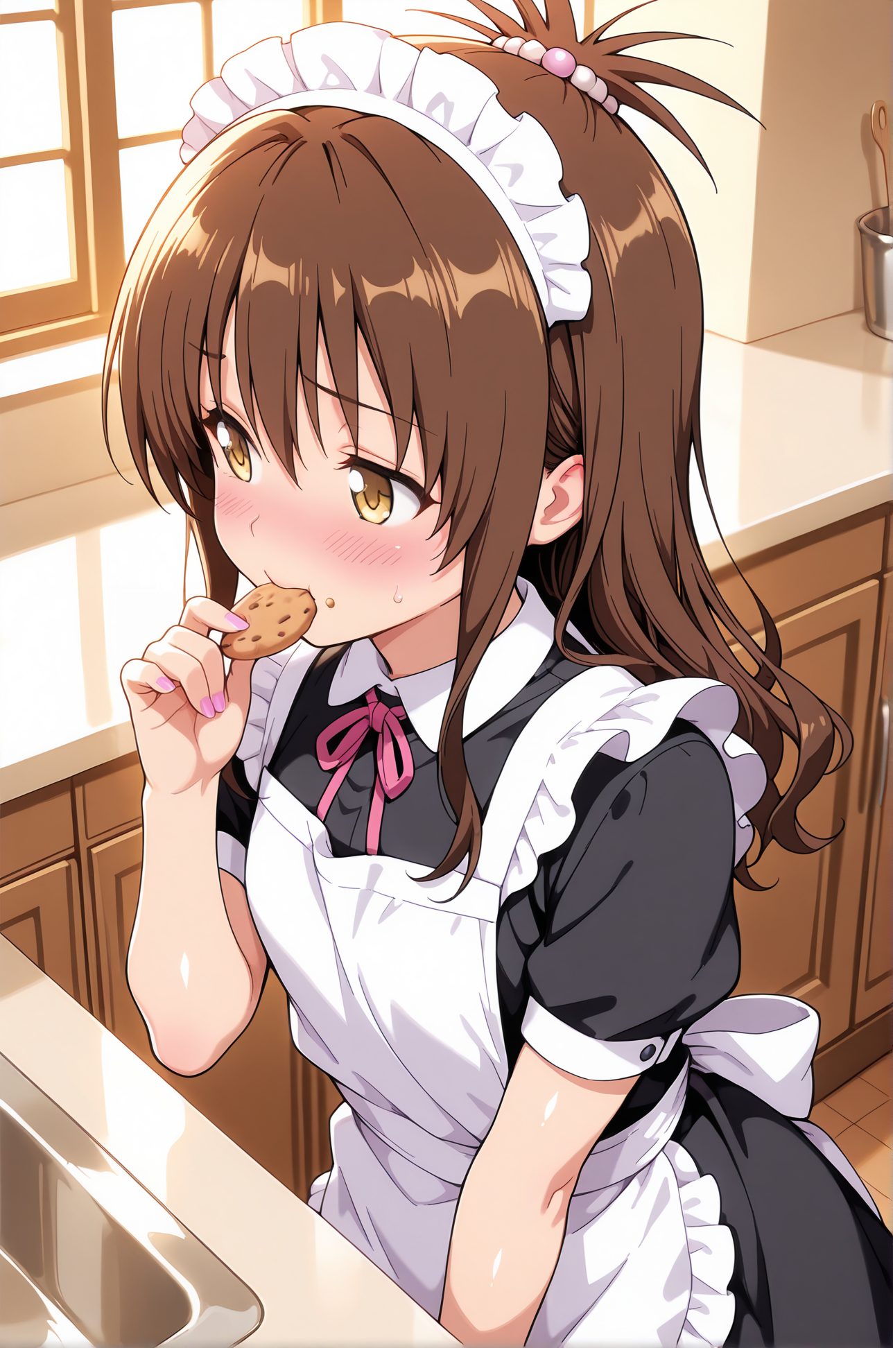 sensitive, 1girl, solo, long_hair, blush, bangs, brown_hair, hair_ornament, dress, ribbon, holding, hair_between_eyes, brown_eyes, closed_mouth, yellow_eyes, short_sleeves, sidelocks, sweat, frills, food, puffy_sleeves, indoors, hand_up, nail_polish, sweatdrop, apron, black_dress, puffy_short_sleeves, fingernails, maid, maid_headdress, window, neck_ribbon, nose_blush, looking_away, eating, holding_food, hair_bobbles, white_apron, pink_nails, maid_apron, frilled_apron, enmaided, food_on_face, cookie, yuuki_mikan, 長い髪, 赤面, 前髪, 茶髪, 髪飾り, リボン, 目にかかる髪, 口閉じ, サイドロック, 汗, 汗滴, 結城美柑
