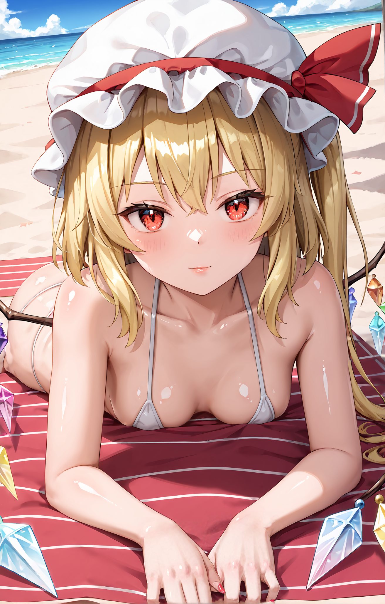 sensitive, questionable, 1girl, solo, long_hair, breasts, looking_at_viewer, blush, smile, bangs, blonde_hair, red_eyes, hat, ribbon, hair_between_eyes, bare_shoulders, closed_mouth, collarbone, swimsuit, ass, bikini, small_breasts, outdoors, lying, wings, sky, day, shiny, cloud, nail_polish, side_ponytail, red_ribbon, blue_sky, lips, bare_arms, ocean, white_headwear, one_side_up, white_bikini, beach, mob_cap, hat_ribbon, on_stomach, red_nails, micro_bikini, crystal, beach_towel, flandre_scarlet, 長い髪, 赤面, 笑顔, 前髪, 金髪, 赤い目, 帽子, リボン, 目にかかる髪, 肩出し, 口閉じ, 鎖骨, 水着, ビキニ, 小さな胸, 横たわり, 光沢, サイドポニーテール, 赤リボン, 白頭飾, 片側アップ, モブキャップ, 帽子リボン, マイクロビキニ, フランドール・スカーレット