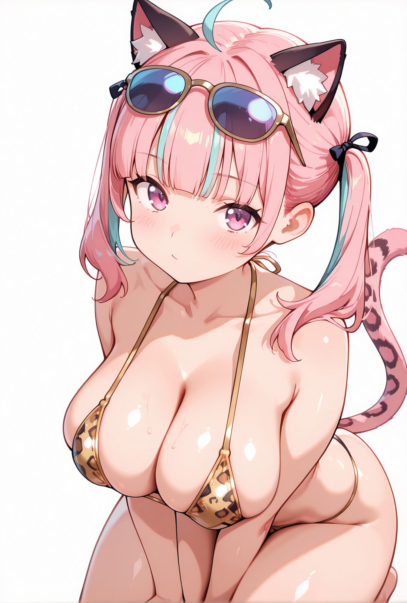 sensitive, 1girl, solo, long_hair, breasts, looking_at_viewer, blush, bangs, large_breasts, simple_background, white_background, ribbon, animal_ears, cleavage, bare_shoulders, twintails, sitting, closed_mouth, blue_hair, purple_eyes, collarbone, tail, swimsuit, hair_ribbon, pink_hair, ahoge, sidelocks, bikini, thighs, multicolored_hair, sweat, virtual_youtuber, cat_ears, blunt_bangs, pink_eyes, two-tone_hair, streaked_hair, cat_tail, animal_ear_fluff, bare_arms, skindentation, leaning_forward, halterneck, sunglasses, animal_print, string_bikini, eyewear_on_head, v_arms, colored_inner_hair, leopard_print, minato_aqua, 長い髪, 赤面, 前髪, 大きな胸, リボン, 動物耳, 肩出し, ツインテール, 座り, 口閉じ, 青髪, 鎖骨, 水着, 髪リボン, ピンク髪, アホ毛, サイドロック, ビキニ, 多色髪, 汗, バーチャルYouTuber, ストリングビキニ, みなとあくあ, 湊あくあ_posted