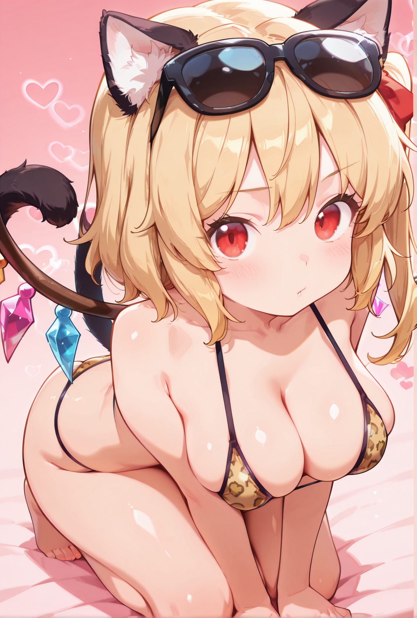 sensitive, 1girl, solo, breasts, looking_at_viewer, blush, short_hair, bangs, blonde_hair, large_breasts, red_eyes, animal_ears, cleavage, bare_shoulders, closed_mouth, collarbone, tail, swimsuit, heart, bikini, wings, barefoot, cat_ears, cat_tail, animal_ear_fluff, one_side_up, pink_background, sunglasses, all_fours, eyewear_on_head, alternate_breast_size, crystal, flandre_scarlet, 赤面, 短い髪, 前髪, 金髪, 大きな胸, 赤い目, 動物耳, 肩出し, 口閉じ, 鎖骨, 水着, ビキニ, 片側アップ, 四つん這い, フランドール・スカーレット