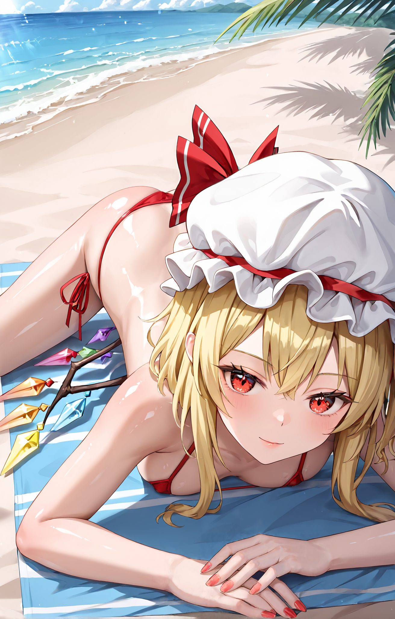 sensitive, 1girl, solo, breasts, looking_at_viewer, blush, smile, bangs, blonde_hair, red_eyes, hat, ribbon, hair_between_eyes, bare_shoulders, closed_mouth, swimsuit, bikini, small_breasts, outdoors, lying, wings, sky, day, shiny, cloud, water, nail_polish, red_ribbon, tree, blue_sky, shiny_skin, side-tie_bikini_bottom, ocean, white_headwear, one_side_up, beach, mob_cap, hat_ribbon, on_stomach, string_bikini, red_nails, red_bikini, crystal, sand, top-down_bottom-up, beach_towel, flandre_scarlet, 赤面, 笑顔, 前髪, 金髪, 赤い目, 帽子, リボン, 目にかかる髪, 肩出し, 口閉じ, 水着, ビキニ, 小さな胸, 横たわり, 光沢, 赤リボン, 光沢肌, 白頭飾, 片側アップ, モブキャップ, 帽子リボン, ストリングビキニ, フランドール・スカーレット