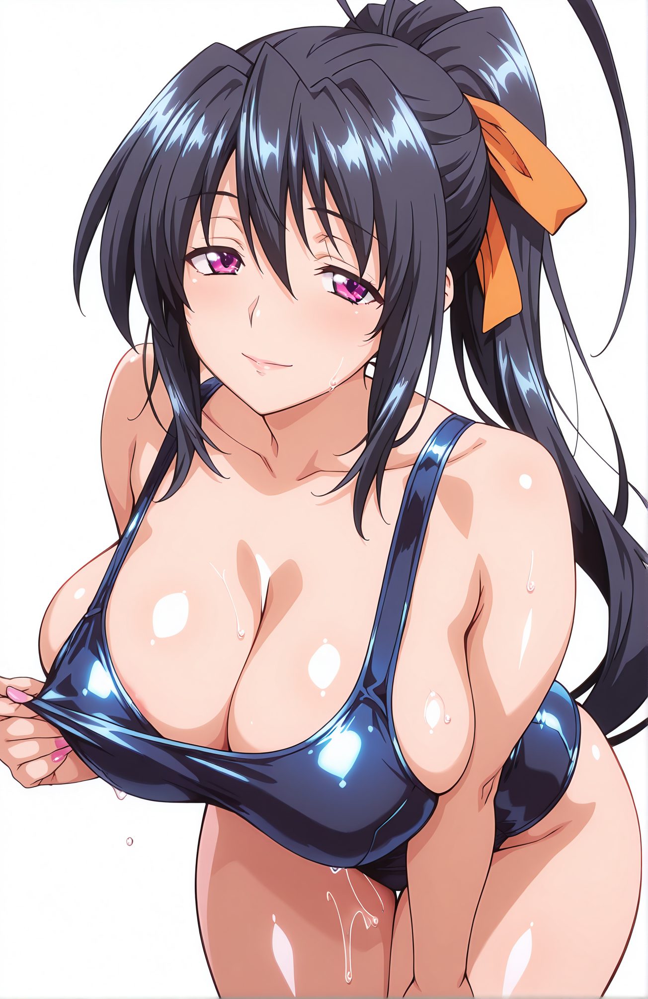 sensitive, questionable, 1girl, solo, long_hair, breasts, looking_at_viewer, blush, smile, bangs, large_breasts, simple_background, black_hair, white_background, ribbon, cleavage, hair_between_eyes, bare_shoulders, very_long_hair, closed_mouth, purple_eyes, collarbone, swimsuit, hair_ribbon, ponytail, sidelocks, shiny, wet, one-piece_swimsuit, shiny_skin, leaning_forward, school_swimsuit, pink_nails, shiny_clothes, blue_one-piece_swimsuit, orange_ribbon, himejima_akeno, 長い髪, 赤面, 笑顔, 前髪, 大きな胸, 黒髪, リボン, 目にかかる髪, 肩出し, とても長い髪, 口閉じ, 鎖骨, 水着, 髪リボン, ポニーテール, サイドロック, 光沢, ワンピース水着, 光沢肌, 学校水着, 姫島朱乃