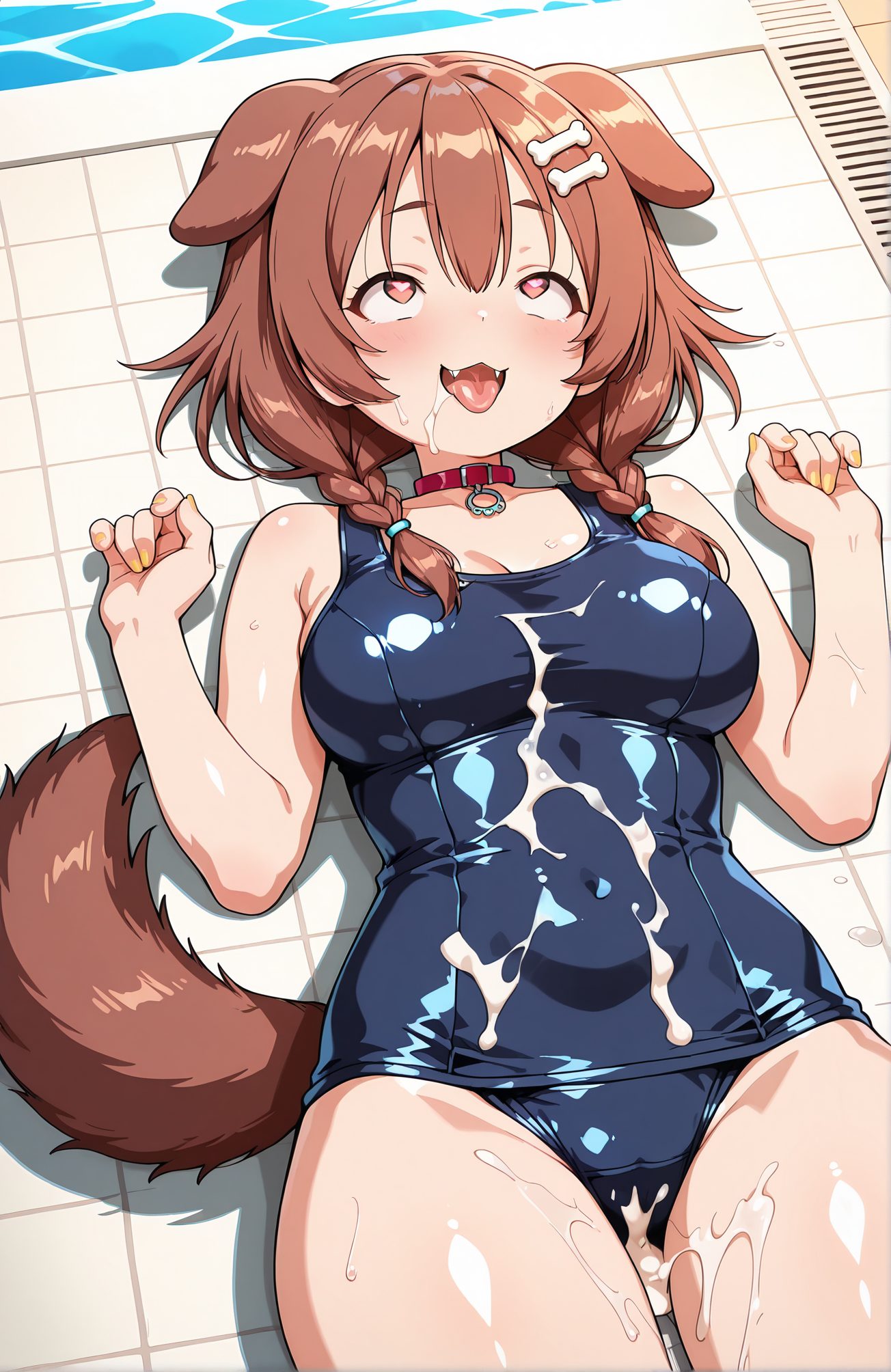 explicit, 1girl, solo, long_hair, breasts, blush, smile, open_mouth, bangs, large_breasts, brown_hair, hair_ornament, animal_ears, hair_between_eyes, bare_shoulders, brown_eyes, medium_breasts, tail, swimsuit, braid, heart, lying, tongue, virtual_youtuber, cum, tongue_out, on_back, nail_polish, twin_braids, collar, one-piece_swimsuit, symbol-shaped_pupils, covered_navel, fangs, heart-shaped_pupils, cum_on_body, school_swimsuit, facial, dog_ears, after_sex, shiny_clothes, dog_tail, blue_one-piece_swimsuit, dog_girl, ahegao, bukkake, cum_on_clothes, red_collar, animal_collar, yellow_nails, old_school_swimsuit, bone_hair_ornament, inugami_korone, 長い髪, 赤面, 笑顔, 口開き, 前髪, 大きな胸, 茶髪, 髪飾り, 動物耳, 目にかかる髪, 肩出し, 中くらいの胸, 水着, 横たわり, バーチャルYouTuber, 精液, 舌出し, 仰向け, ツインブレイド, ワンピース水着, ハート目, ぶっかけ（体）, 学校水着, 事後, アヘ顔, 旧スクール水着, 戌神ころね