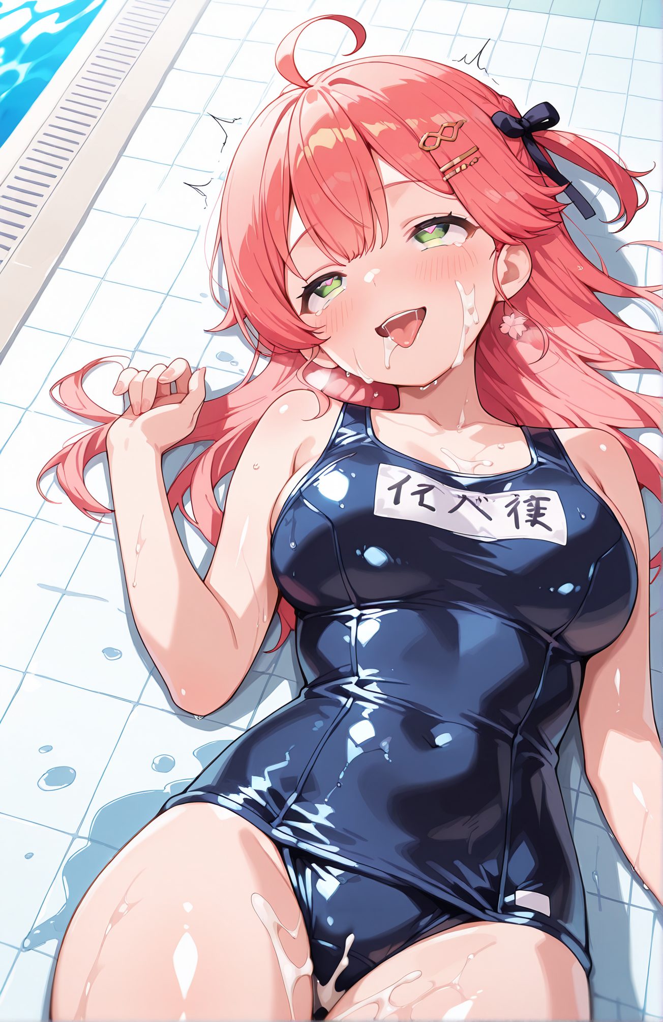 sensitive, explicit, 1girl, solo, long_hair, breasts, blush, smile, open_mouth, bangs, large_breasts, hair_ornament, ribbon, bare_shoulders, jewelry, green_eyes, collarbone, swimsuit, hair_ribbon, pink_hair, ahoge, heart, thighs, red_hair, cowboy_shot, earrings, lying, tongue, hairclip, virtual_youtuber, hand_up, cum, tongue_out, on_back, water, two_side_up, wet, one-piece_swimsuit, symbol-shaped_pupils, covered_navel, one_side_up, heart-shaped_pupils, school_swimsuit, facial, shiny_clothes, blue_one-piece_swimsuit, name_tag, ahegao, tiles, pool, poolside, suggestive_fluid, sakura_miko, 長い髪, 赤面, 笑顔, 口開き, 前髪, 大きな胸, 髪飾り, リボン, 肩出し, ジュエリー, 緑の目, 鎖骨, 水着, 髪リボン, ピンク髪, アホ毛, 赤髪, イヤリング, 横たわり, ヘアクリップ, バーチャルYouTuber, 精液, 舌出し, 仰向け, 両側アップ, ワンピース水着, 片側アップ, ハート目, 学校水着, アヘ顔, さくらみこ