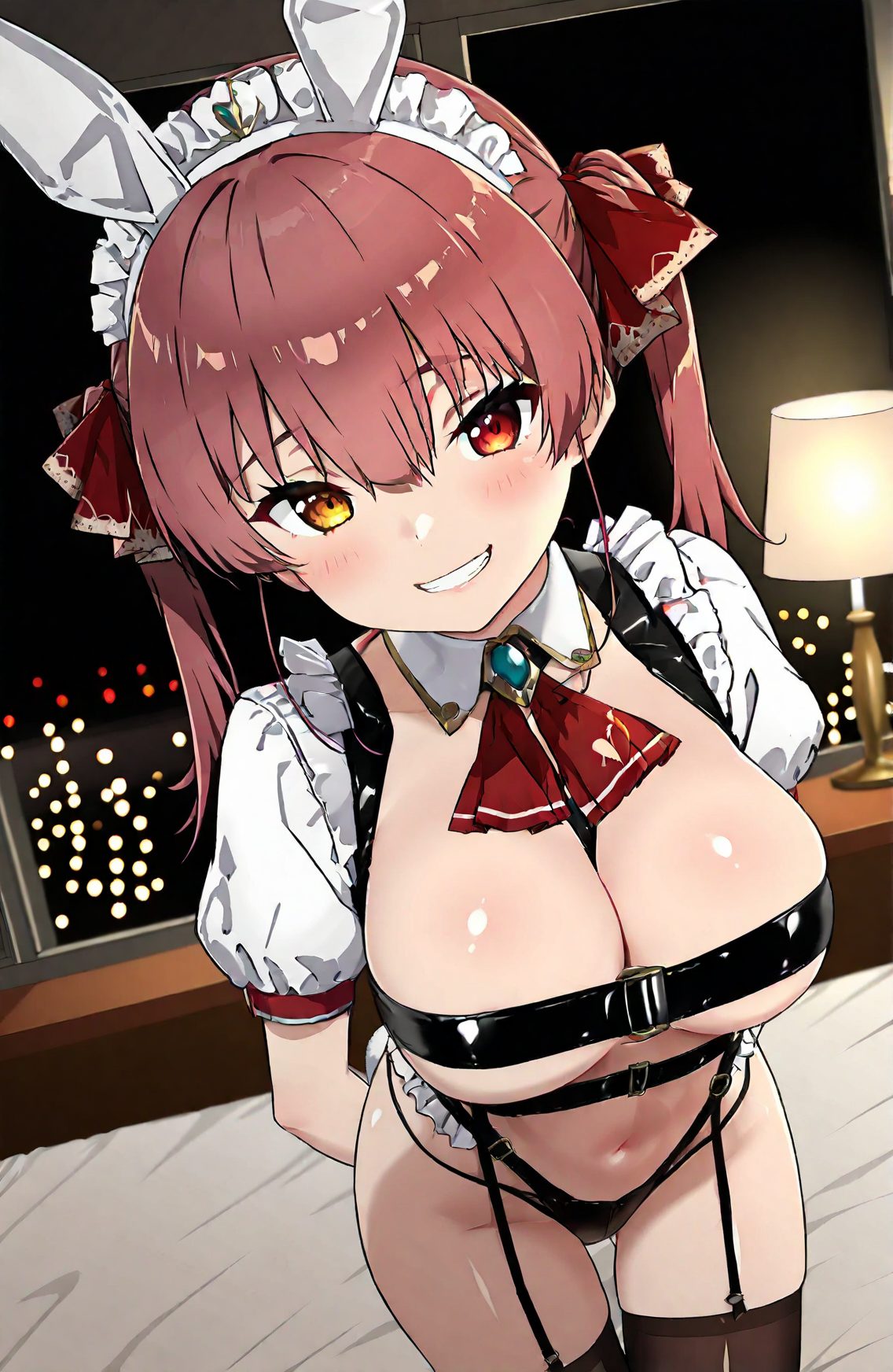 1girl, solo, virtual youtuber, breasts, houshou marine, large breasts, heterochromia, smile, yellow eyes, twintails, maid headdress, red hair, red eyes, rabbit ears, animal ears, thighhighs, looking at viewer, red ascot, blush, ascot, bangs, grin, long hair, short sleeves, ribbon, hair ribbon, fake animal ears, indoors, navel, puffy sleeves, puffy short sleeves, arms behind back, cleavage, red ribbon, brooch, jewelry, bed, on bed, revealing clothes, black thighhighs, thighs, hair between eyes, garter straps, 赤面, 笑顔, ツインテール, 胸チラ, 赤髪, 獣耳, 赤目, ガーターベルト, ロングヘア, 巨乳, ぱっつん, うさ耳, ホロライブ, 宝鐘マリン, バーチャルYouTuber, 大きな胸, 赤い目, 動物耳, 太ももハイソックス, 前髪, 長い髪, リボン, 髪リボン, 偽動物耳, 赤リボン, ジュエリー, 目にかかる髪