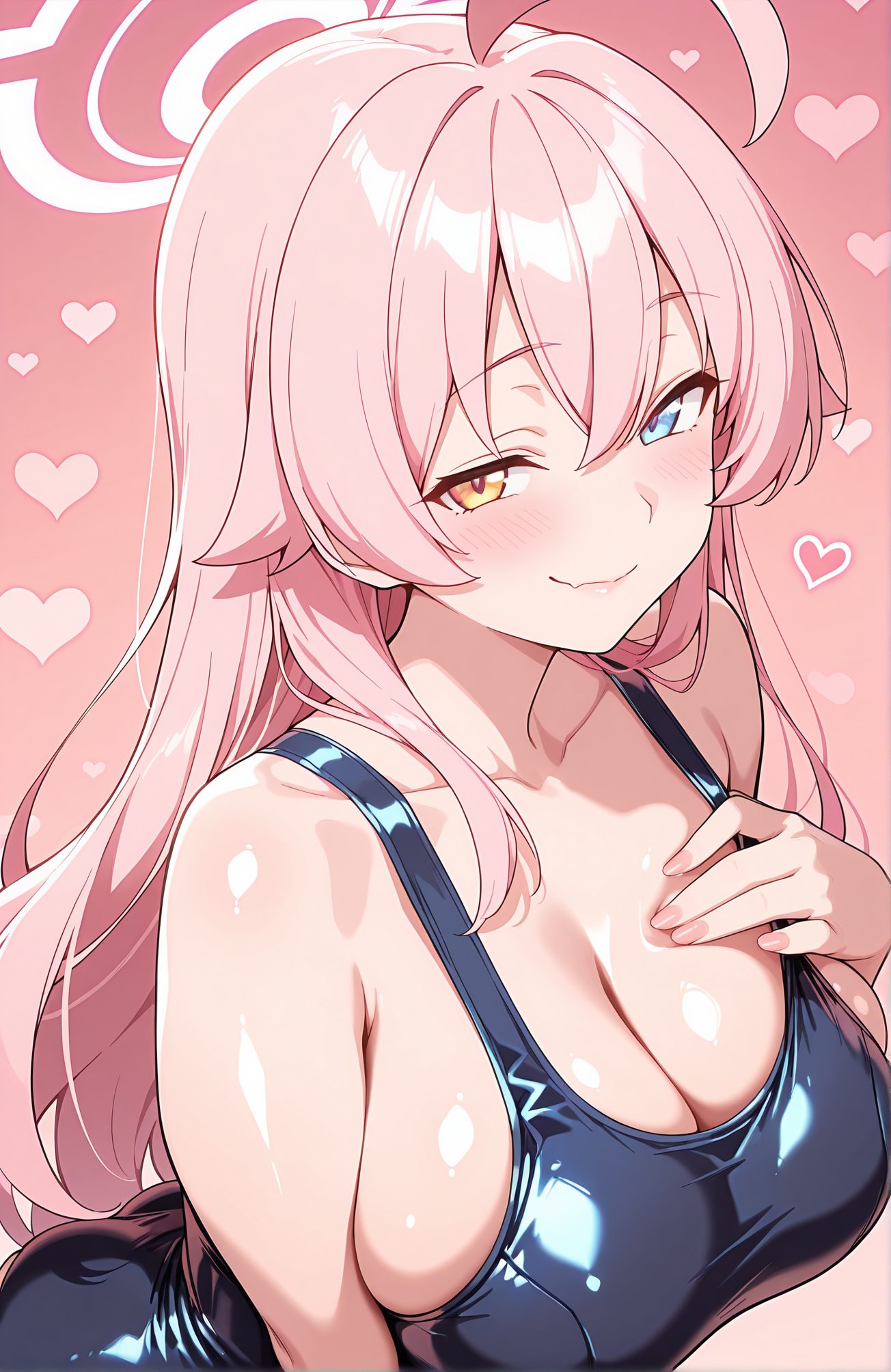 sensitive, 1girl, solo, long_hair, breasts, looking_at_viewer, blush, smile, bangs, blue_eyes, large_breasts, cleavage, hair_between_eyes, bare_shoulders, closed_mouth, collarbone, swimsuit, yellow_eyes, upper_body, pink_hair, ahoge, heart, fang, one-piece_swimsuit, heterochromia, halo, pink_background, school_swimsuit, hand_on_own_chest, skin_fang, shiny_clothes, blue_one-piece_swimsuit, hoshino_(blue_archive), 長い髪, 赤面, 笑顔, 前髪, 青い目, 大きな胸, 目にかかる髪, 肩出し, 口閉じ, 鎖骨, 水着, ピンク髪, アホ毛, ワンピース水着, 学校水着, ホシノ（ブルーアーカイブ）, ok