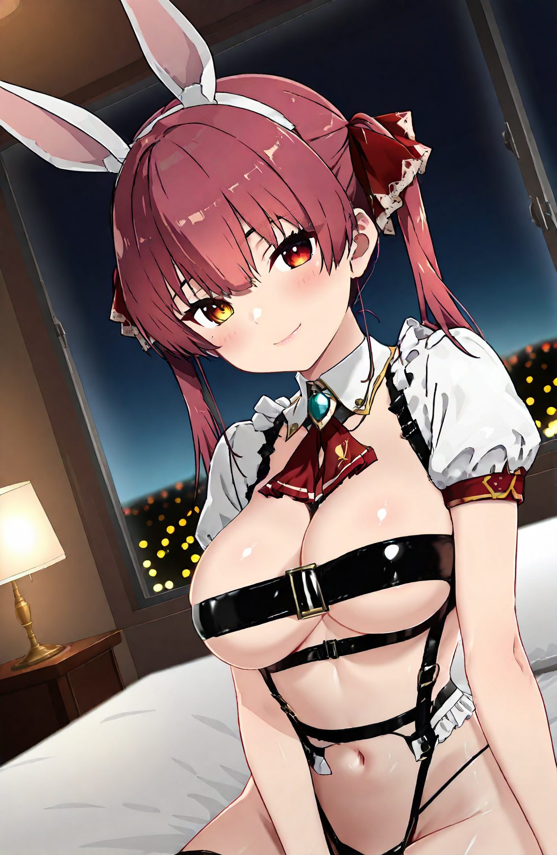 1girl, solo, breasts, virtual youtuber, heterochromia, animal ears, houshou marine, rabbit ears, red hair, smile, red eyes, red ascot, yellow eyes, twintails, ascot, looking at viewer, short sleeves, blush, navel, fake animal ears, puffy sleeves, puffy short sleeves, sitting, night, indoors, closed mouth, bangs, ribbon, long hair, hair ribbon, lamp, bed, on bed, thighhighs, large breasts, revealing clothes, shrug \(clothing\), shiny, jewelry, underboob, red ribbon, pillow, stomach, cleavage, medium breasts, brooch, 赤面, 笑顔, ツインテール, 胸チラ, 赤髪, 下乳, 獣耳, 赤目, ロングヘア, 巨乳, ぱっつん, うさ耳, ホロライブ, 宝鐘マリン, バーチャルYouTuber, 動物耳, 赤い目, 偽動物耳, 座り, 口閉じ, 前髪, リボン, 長い髪, 髪リボン, 太ももハイソックス, 大きな胸, 光沢, ジュエリー, 赤リボン, 中くらいの胸