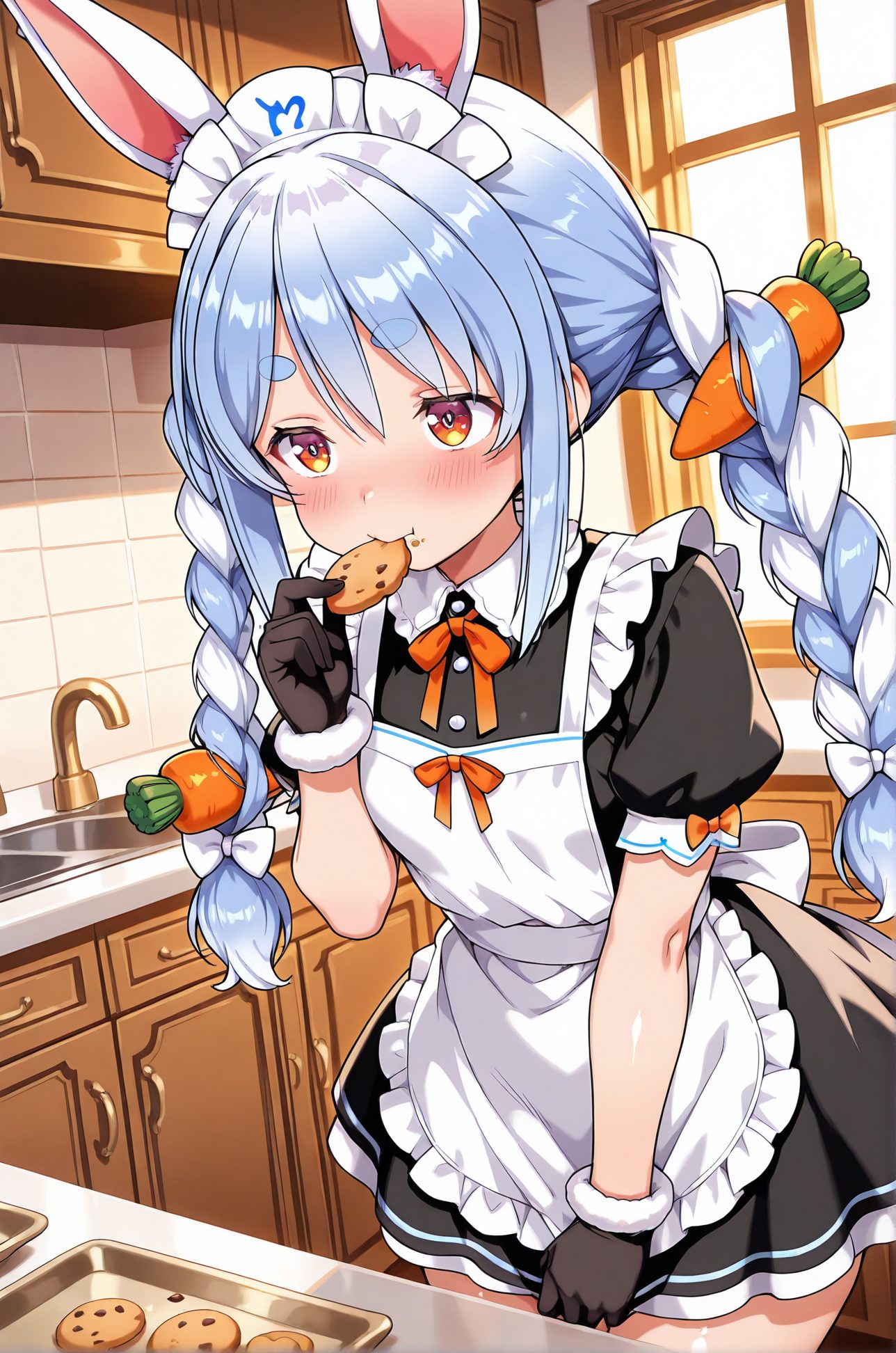 sensitive, 1girl, solo, long_hair, blush, bangs, hair_ornament, red_eyes, gloves, dress, bow, holding, animal_ears, hair_between_eyes, twintails, blue_hair, braid, white_hair, short_sleeves, hair_bow, multicolored_hair, frills, food, alternate_costume, black_gloves, puffy_sleeves, indoors, virtual_youtuber, rabbit_ears, apron, black_dress, twin_braids, two-tone_hair, puffy_short_sleeves, orange_eyes, animal_ear_fluff, maid, symbol-shaped_pupils, maid_headdress, window, neck_ribbon, eating, thick_eyebrows, holding_food, white_bow, white_apron, maid_apron, frilled_apron, enmaided, orange_bow, short_eyebrows, rabbit_girl, food-themed_hair_ornament, carrot, cookie, fur-trimmed_gloves, carrot_hair_ornament, checkerboard_cookie, usada_pekora, don-chan_(usada_pekora), 長い髪, 赤面, 前髪, 髪飾り, 赤い目, 手袋, ボウ, 動物耳, 目にかかる髪, ツインテール, 青髪, 白髪, 髪ボウ, 多色髪, 黒手袋, バーチャルYouTuber, うさ耳, ツインブレイド, 兎田ぺこら, 兎田ぺこら_posted