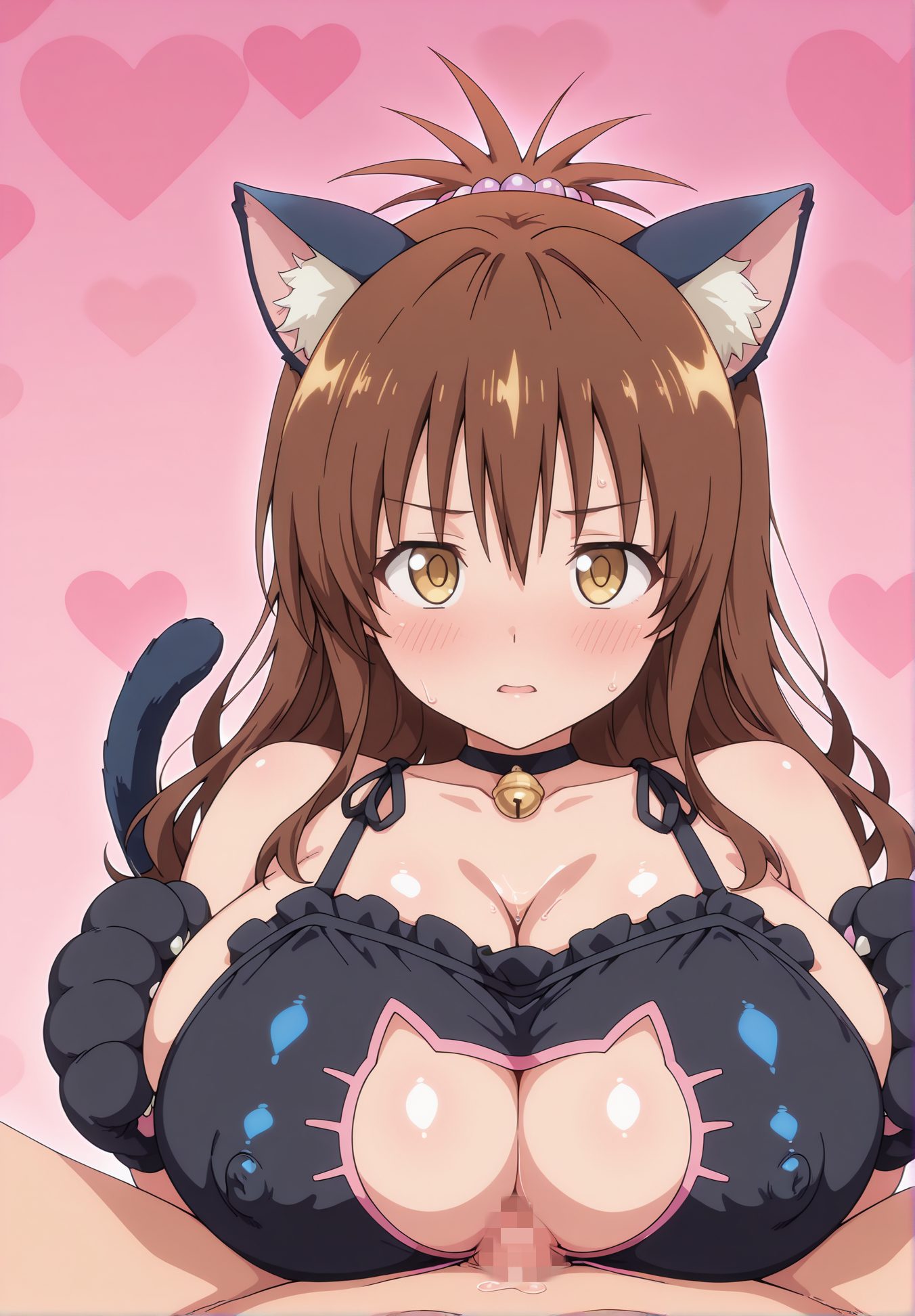 explicit, 1girl, long_hair, breasts, looking_at_viewer, blush, open_mouth, large_breasts, brown_hair, gloves, 1boy, animal_ears, cleavage, brown_eyes, underwear, tail, yellow_eyes, hetero, penis, solo_focus, choker, cat_ears, bra, huge_breasts, covered_nipples, cat_tail, clothing_cutout, bell, pov, cleavage_cutout, black_bra, jingle_bell, paizuri, neck_bell, alternate_breast_size, animal_hands, meme_attire, paw_gloves, frilled_bra, cat_cutout, cat_lingerie, paizuri_under_clothes, yuuki_mikan, 長い髪, 赤面, 口開き, 大きな胸, 茶髪, 手袋, 動物耳, 下着, チョーカー, ブラ, 巨大な胸, パイズリ, 猫ランジェリー, 着衣パイズリ, 結城美柑