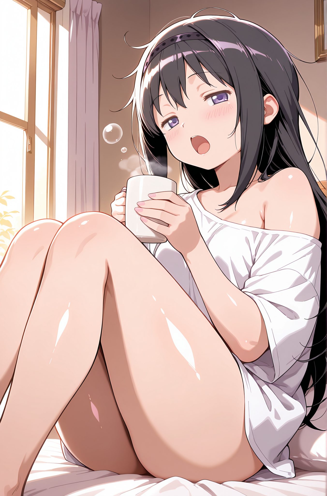 sensitive, 1girl, solo, long_hair, breasts, looking_at_viewer, blush, open_mouth, bangs, shirt, black_hair, holding, bare_shoulders, sitting, purple_eyes, collarbone, white_shirt, ass, short_sleeves, thighs, hairband, shiny, indoors, off_shoulder, shiny_hair, cup, shiny_skin, bare_legs, window, feet_out_of_frame, on_bed, half-closed_eyes, black_hairband, curtains, messy_hair, steam, holding_cup, knees_up, mug, sleepy, single_bare_shoulder, waking_up, morning, akemi_homura, 長い髪, 赤面, 口開き, 前髪, シャツ, 黒髪, 肩出し, 座り, 鎖骨, 白シャツ, ヘアバンド, 光沢, 光沢肌, 膝上げ, 暁美ほむら, 暁美ほむら_posted