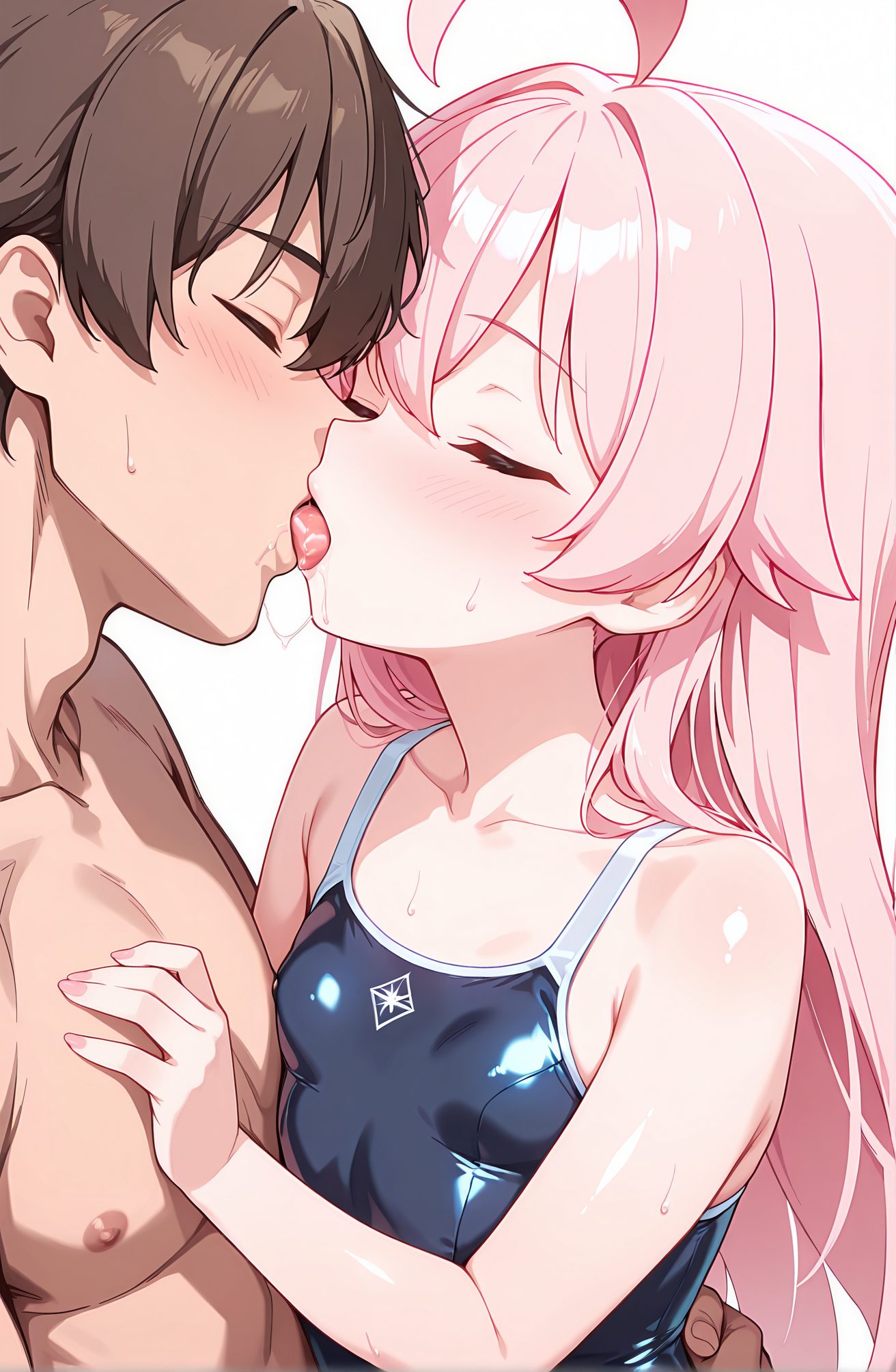 questionable, 1girl, long_hair, breasts, blush, open_mouth, bangs, simple_background, brown_hair, 1boy, white_background, hair_between_eyes, bare_shoulders, collarbone, swimsuit, closed_eyes, upper_body, pink_hair, ahoge, hetero, sweat, small_breasts, tongue, shiny, tongue_out, wet, one-piece_swimsuit, saliva, halo, school_swimsuit, kiss, shiny_clothes, blue_one-piece_swimsuit, french_kiss, competition_school_swimsuit, hoshino_(blue_archive), 長い髪, 赤面, 口開き, 前髪, 茶髪, 目にかかる髪, 肩出し, 鎖骨, 水着, ピンク髪, アホ毛, 汗, 小さな胸, 光沢, 舌出し, ワンピース水着, よだれ, 学校水着, 競泳用スクール水着, ホシノ（ブルーアーカイブ）, ok