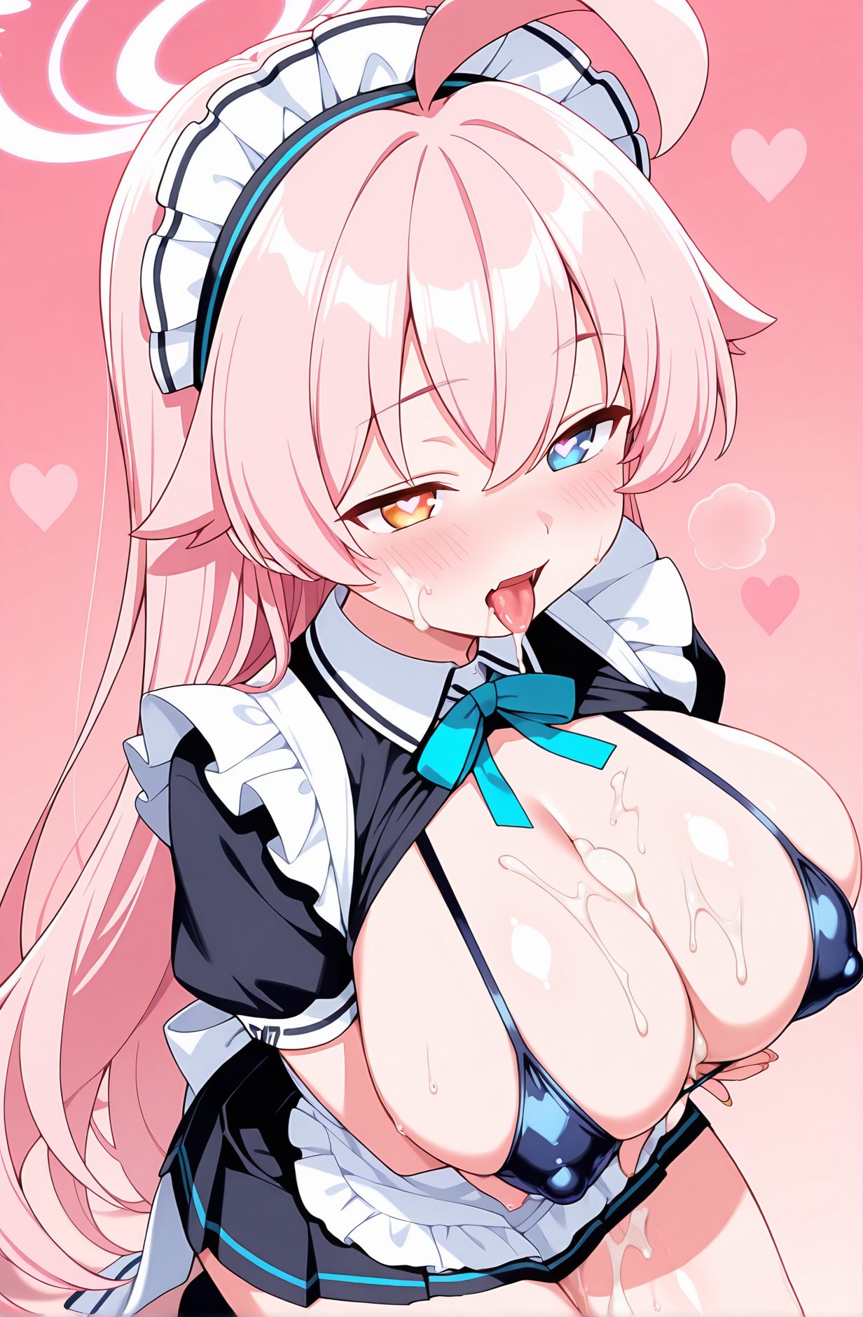 explicit, 1girl, solo, long_hair, breasts, blush, open_mouth, bangs, blue_eyes, skirt, large_breasts, cleavage, very_long_hair, swimsuit, yellow_eyes, pink_hair, ahoge, short_sleeves, heart, bikini, pleated_skirt, alternate_costume, tongue, puffy_sleeves, cum, tongue_out, black_skirt, apron, covered_nipples, puffy_short_sleeves, maid, symbol-shaped_pupils, maid_headdress, heterochromia, halo, heart-shaped_pupils, pink_background, cum_on_body, cum_on_breasts, micro_bikini, blue_bikini, cum_in_mouth, enmaided, hoshino_(blue_archive), 長い髪, 赤面, 口開き, 前髪, 青い目, スカート, 大きな胸, とても長い髪, 水着, ピンク髪, アホ毛, ビキニ, 精液, 舌出し, ハート目, ぶっかけ（体）, 胸へのぶっかけ, マイクロビキニ, 口内射精, ホシノ（ブルーアーカイブ）
